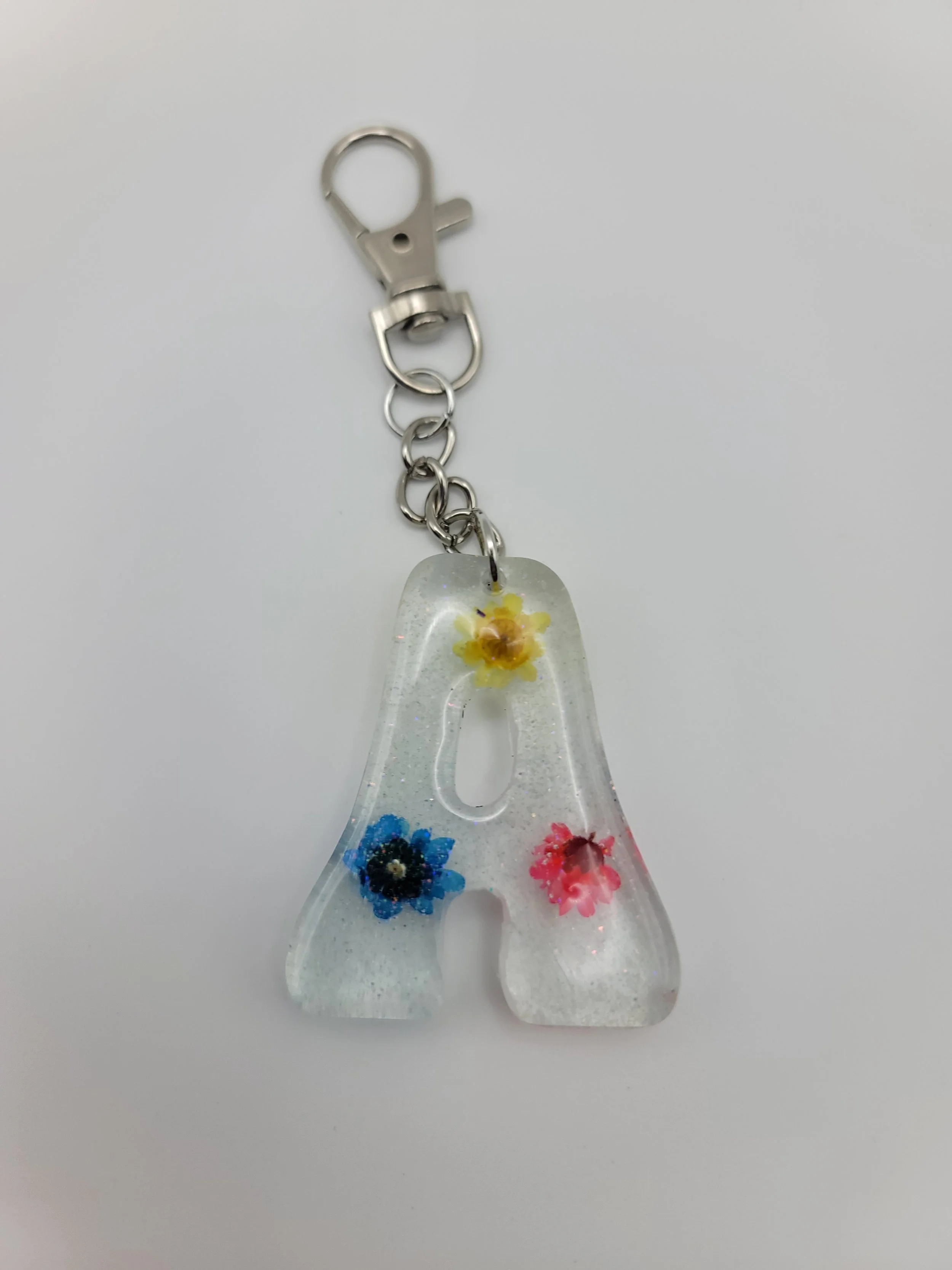 "A" Translucent Glitter & Flower Keychain