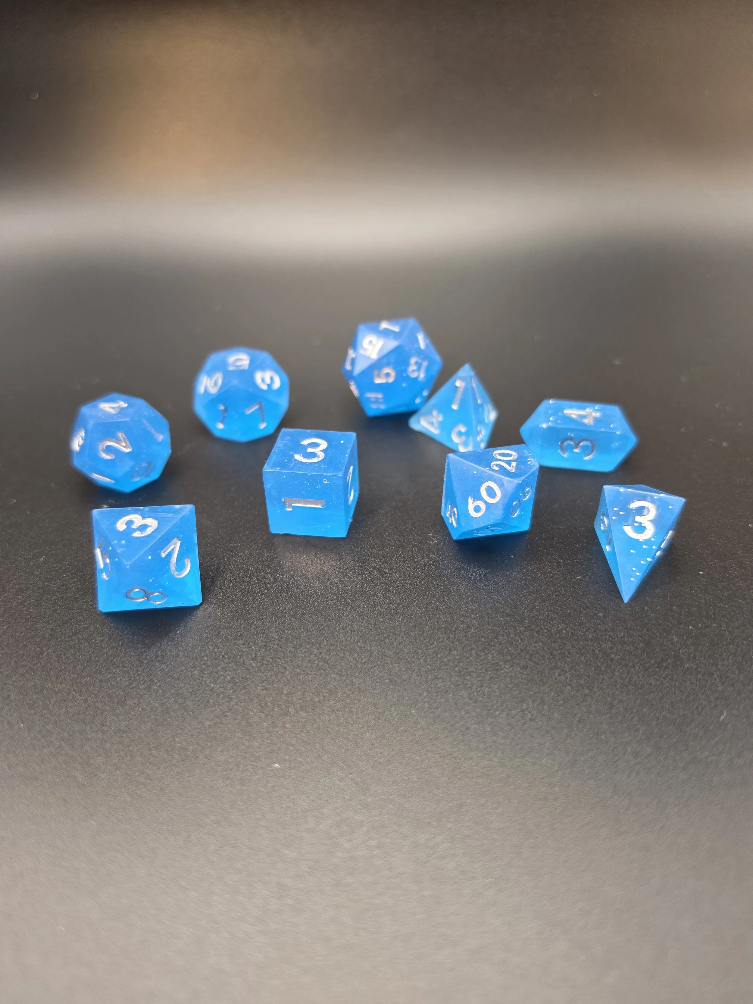 Light Blue Sparkly Epoxy Resin Dice-Set of 9