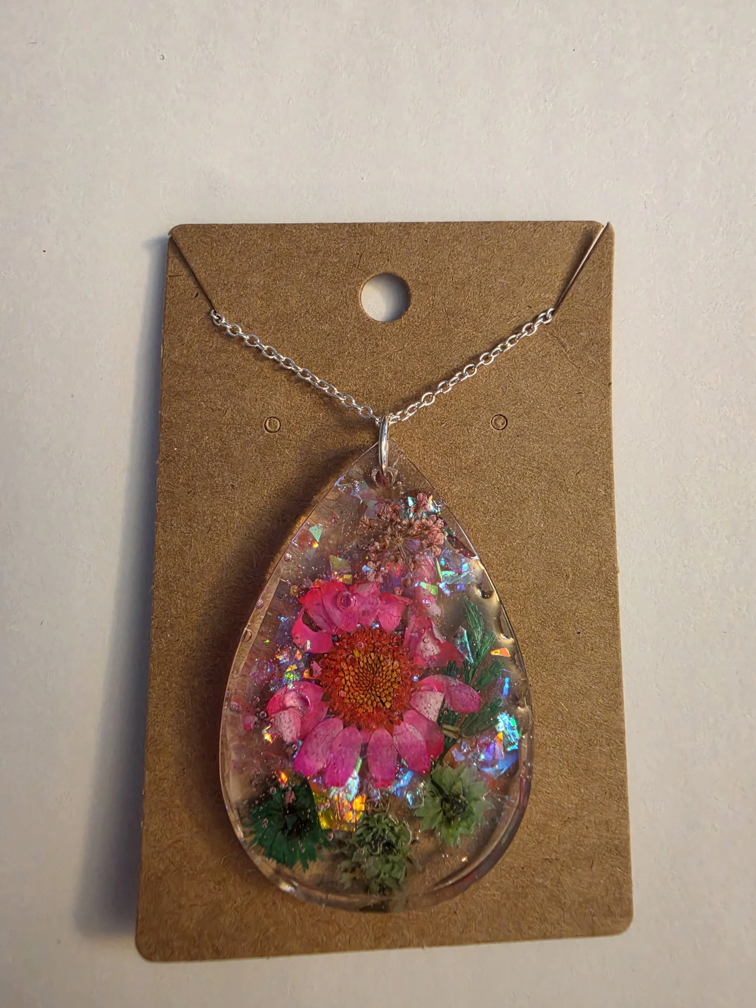 Clear Pink Flower Tear Drop Silver Chain Necklace
