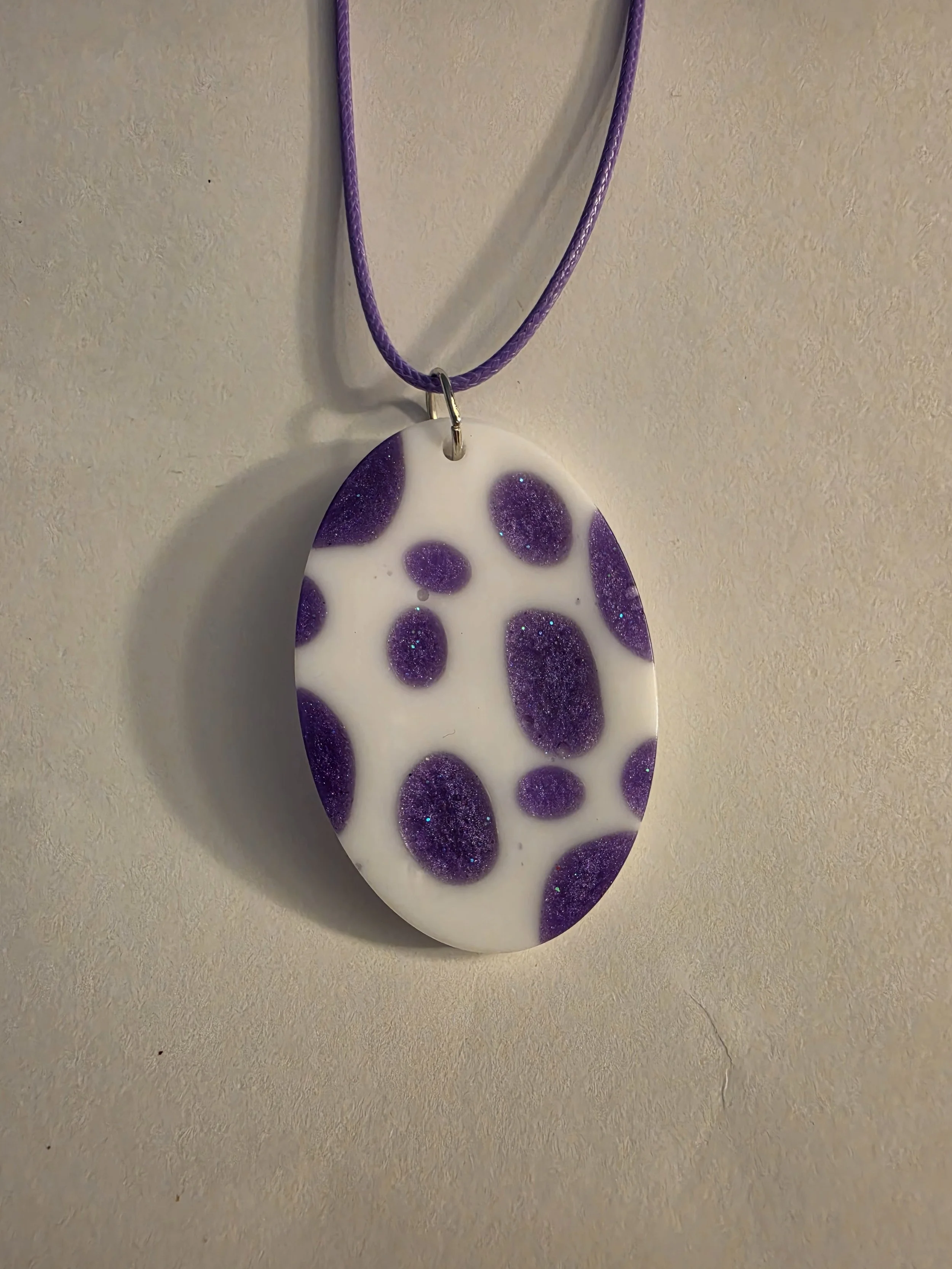 Purple & White Cow Print Oval Necklace