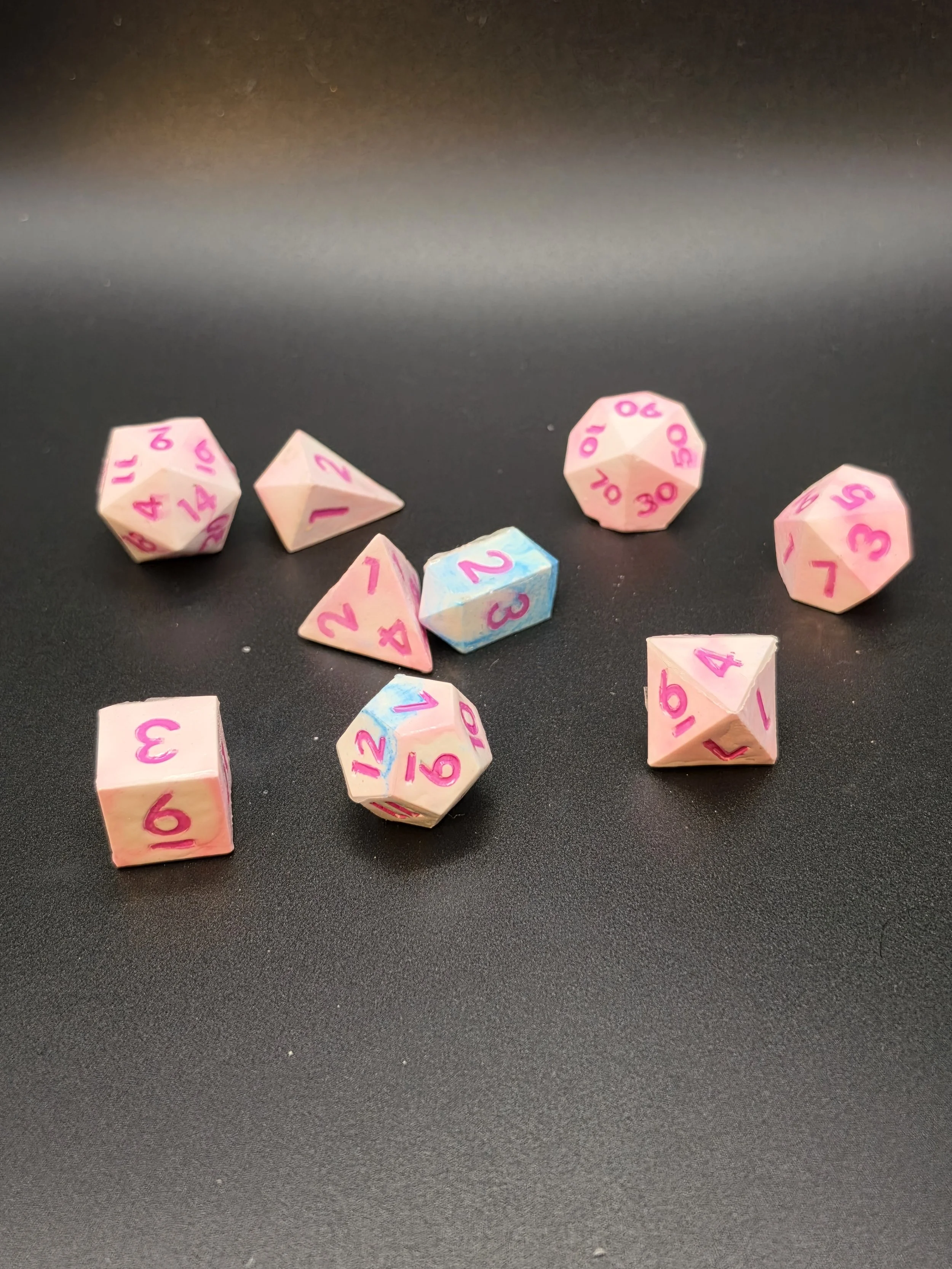 Pink, White, & Blue Marble, Pink Lettering Eco Resin, UV Coated Dice- Set of 9