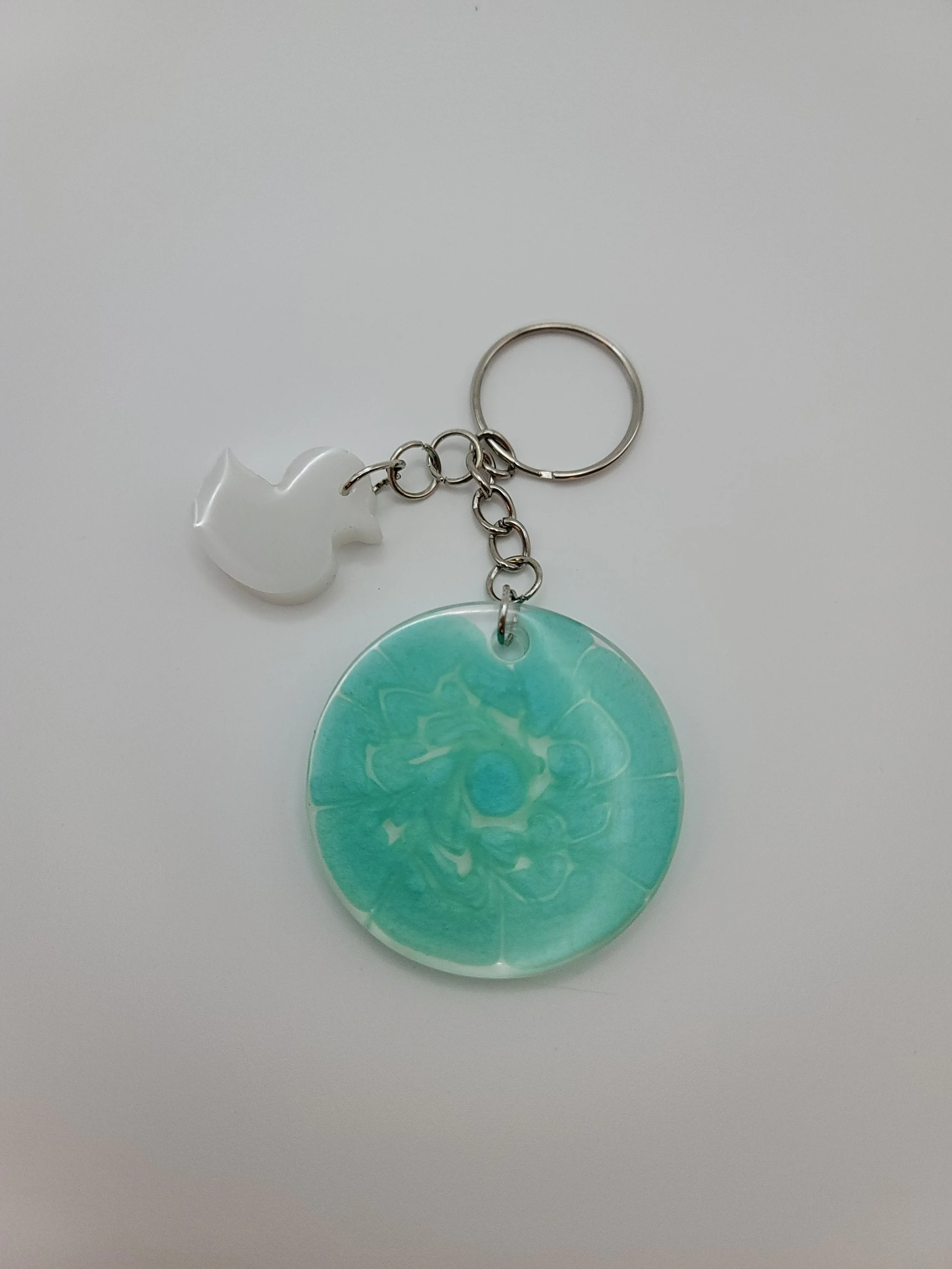 Blue-Green Marbled Circular Keychain with Duck Charm