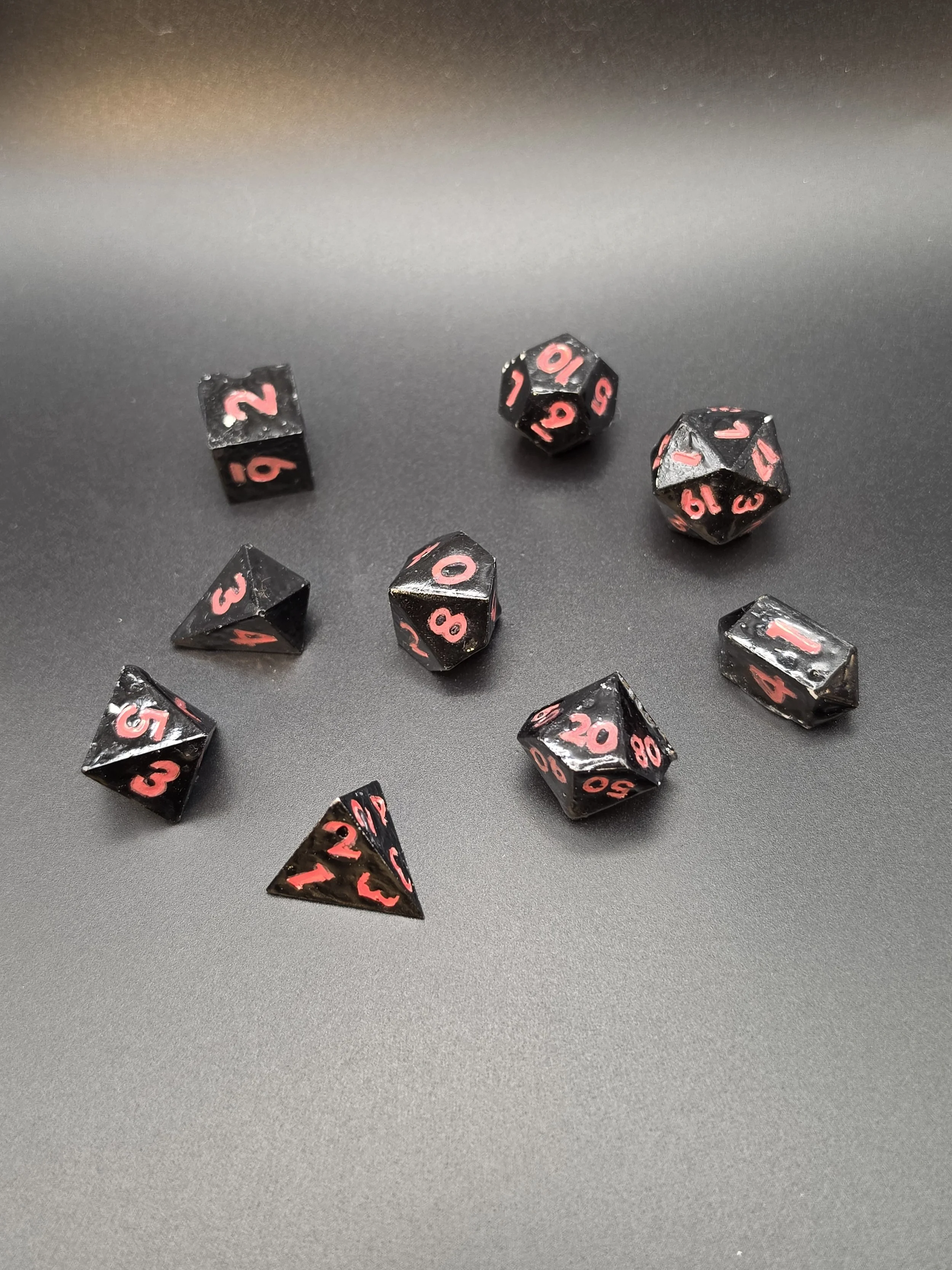 Black With Red Lettering Eco Resin, UV Resin Coated Dice- Set of 9