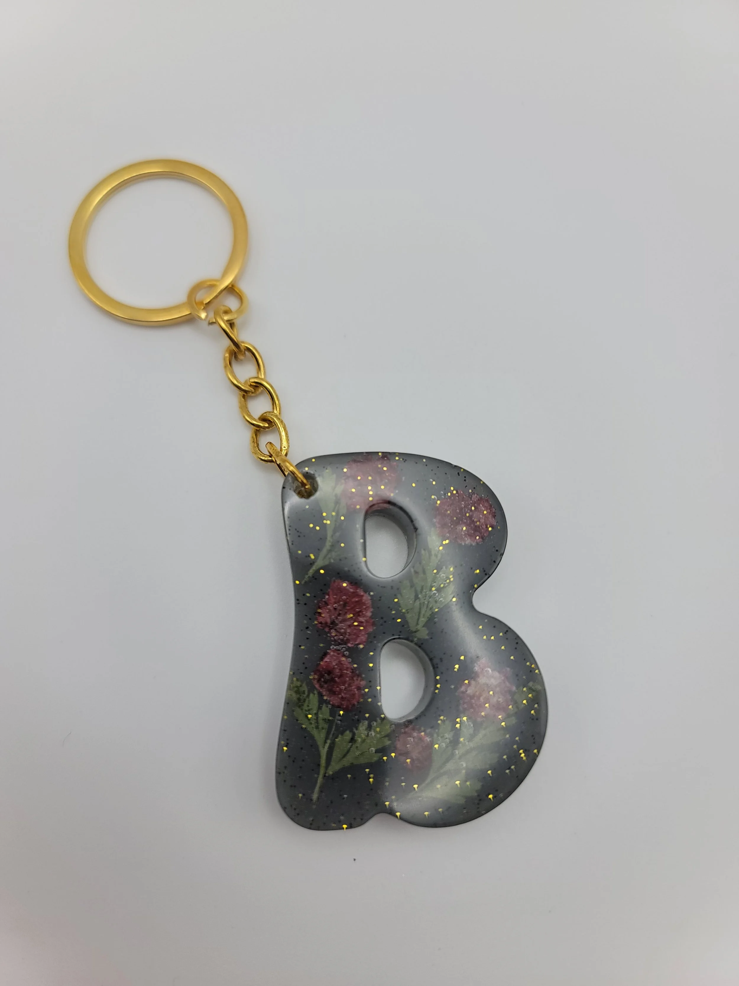 "B" Grey Flower Glitter Keychain