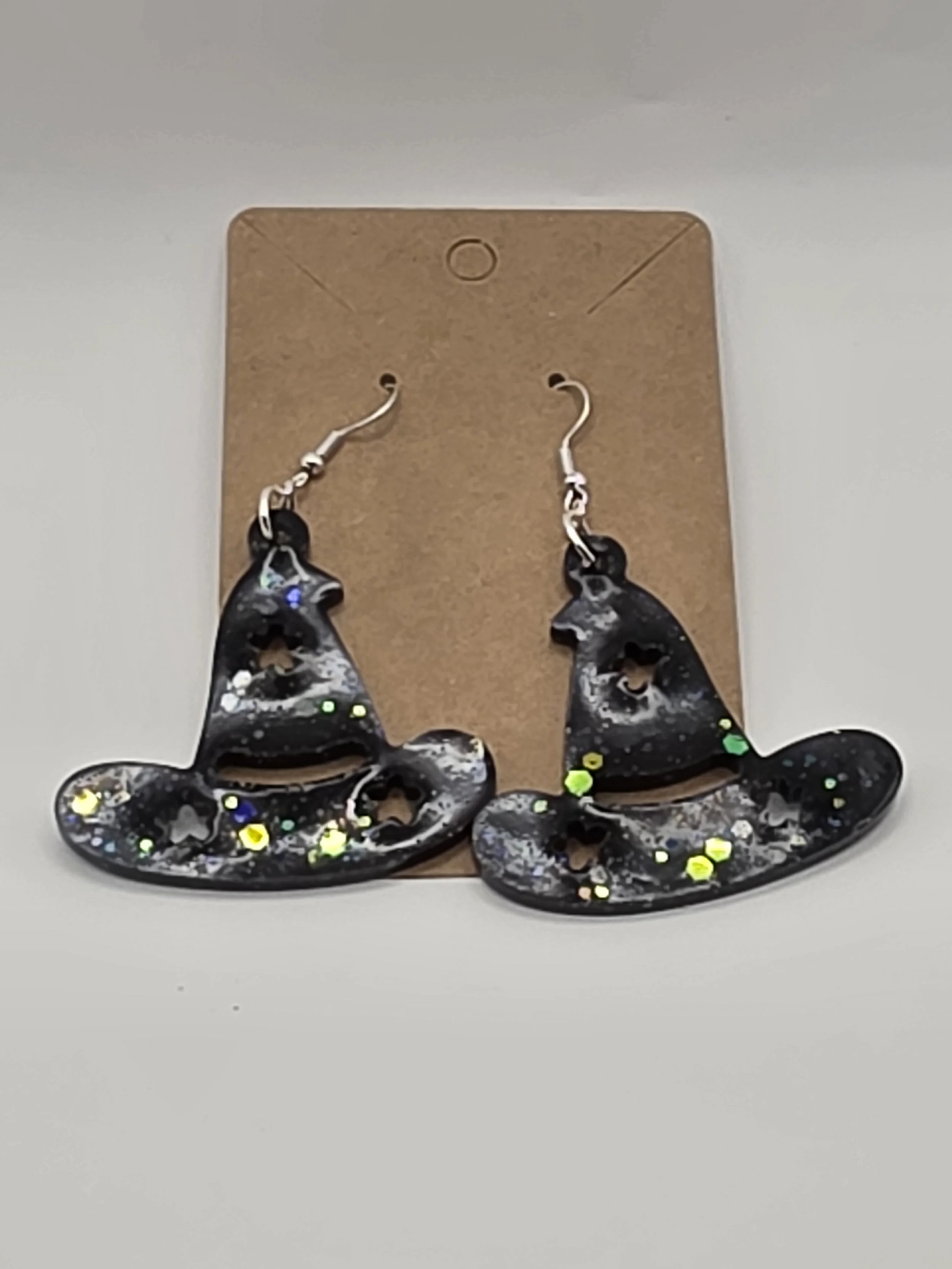 Black With Glitter Witch Hat Earrings