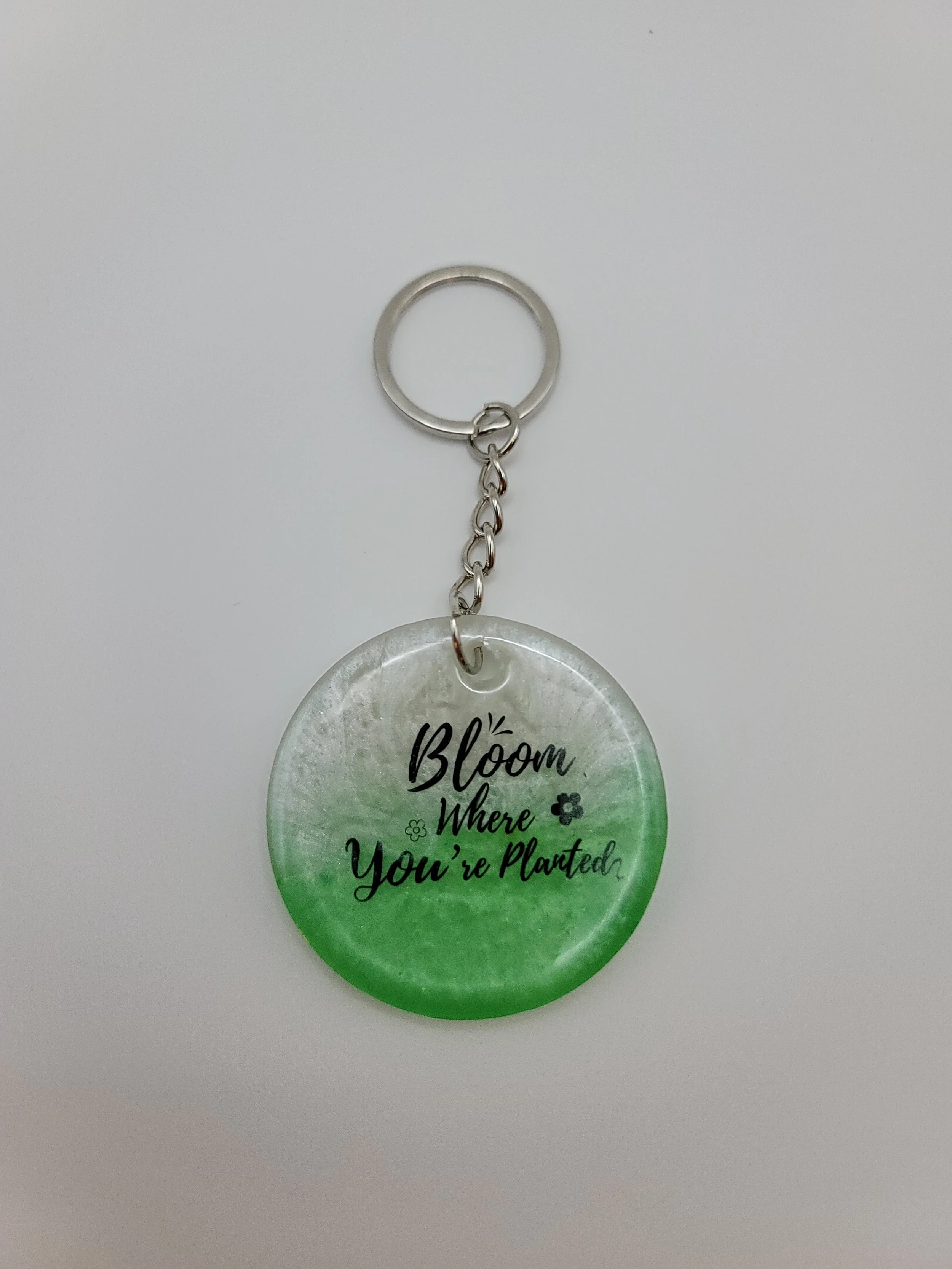 "Bloom Where You're Planted" Green & White Keychain