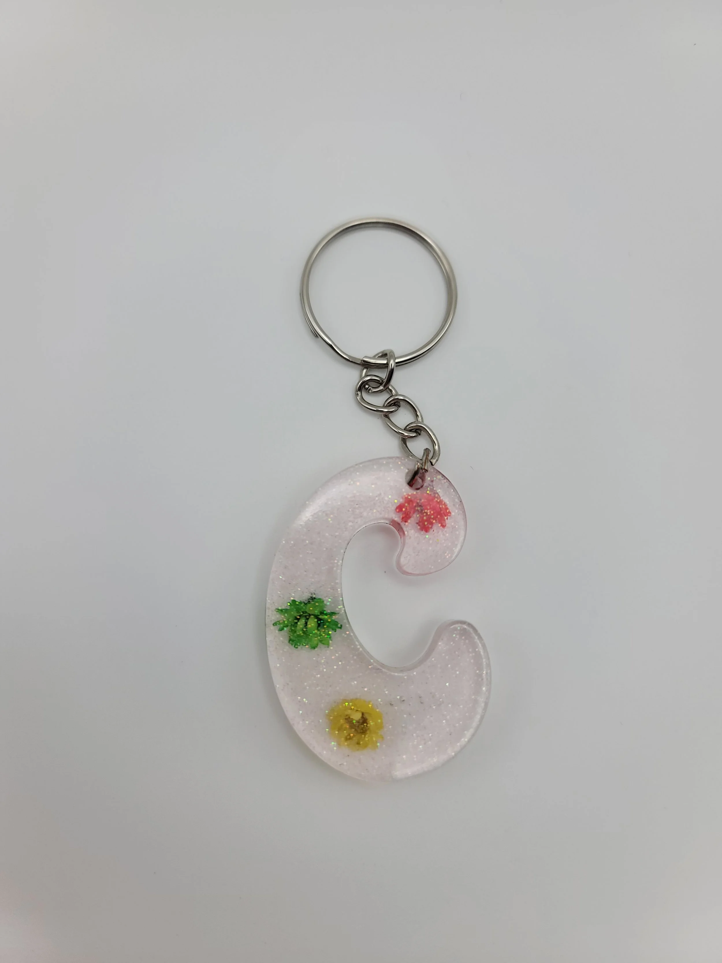 "C" Translucent Pink Glitter & Flower Keychain