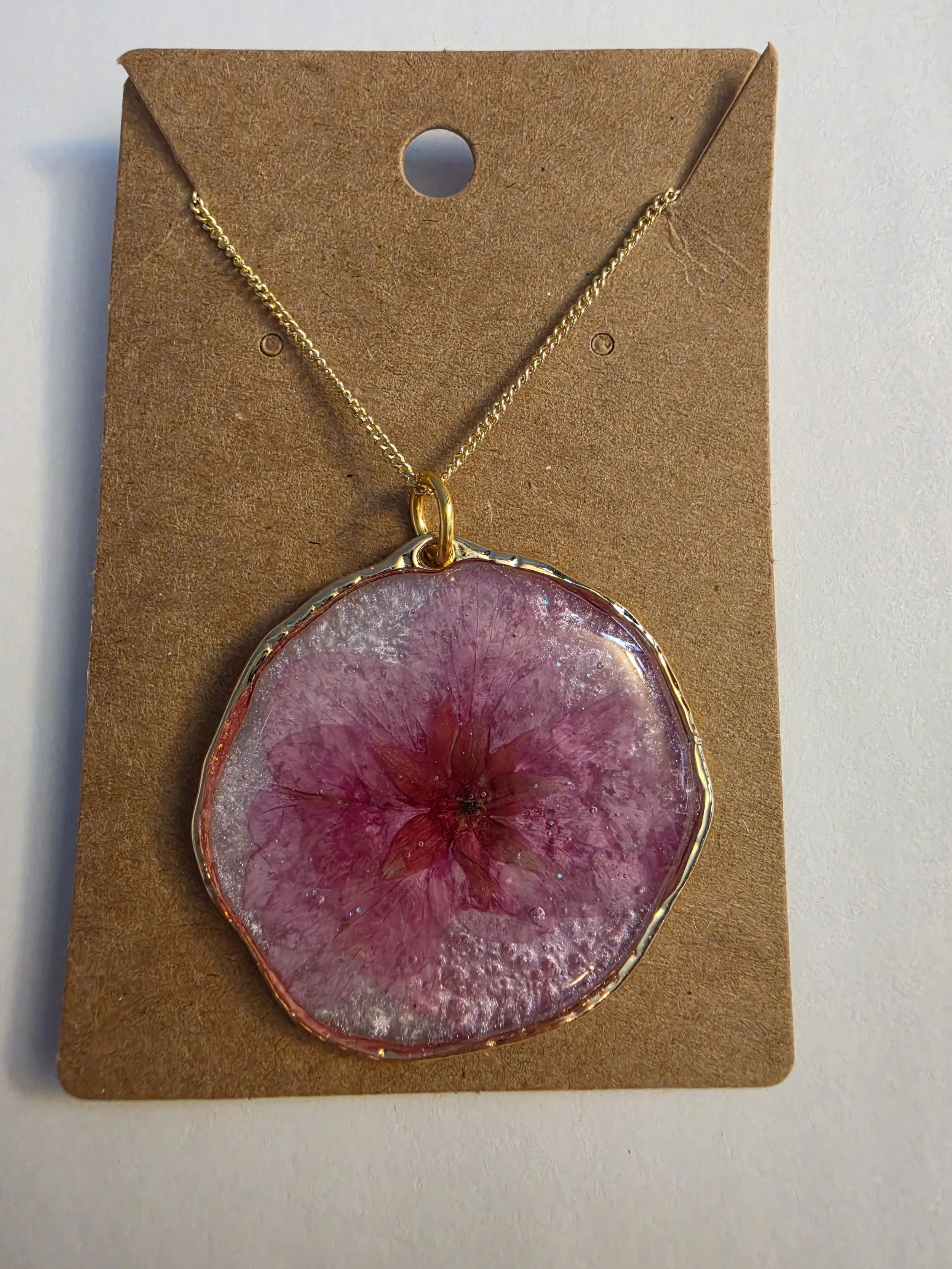 Pink Flower Round Bezel Gold Chain Necklace