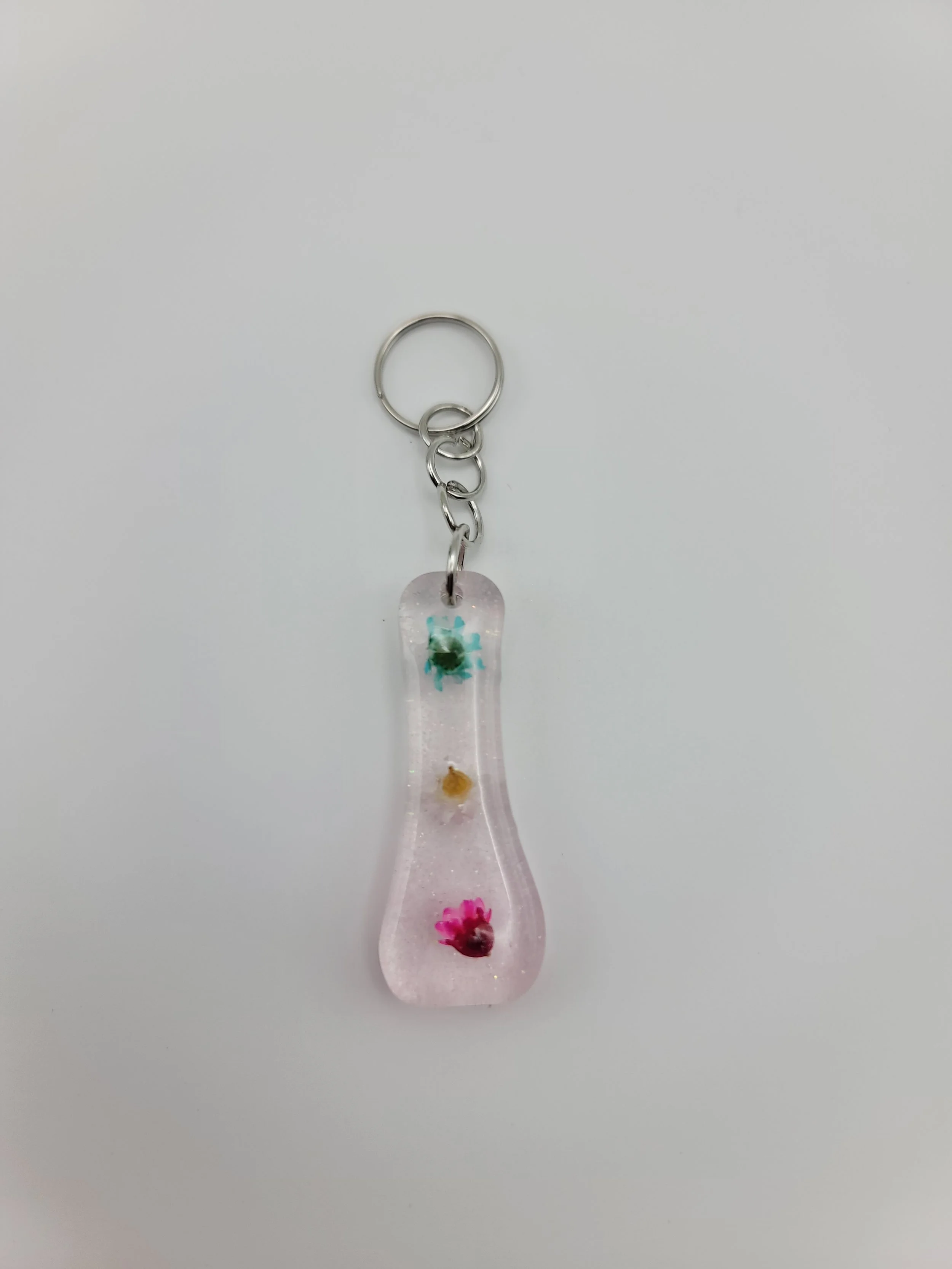 "I" Translucent Pink Glitter & Flower Keychain
