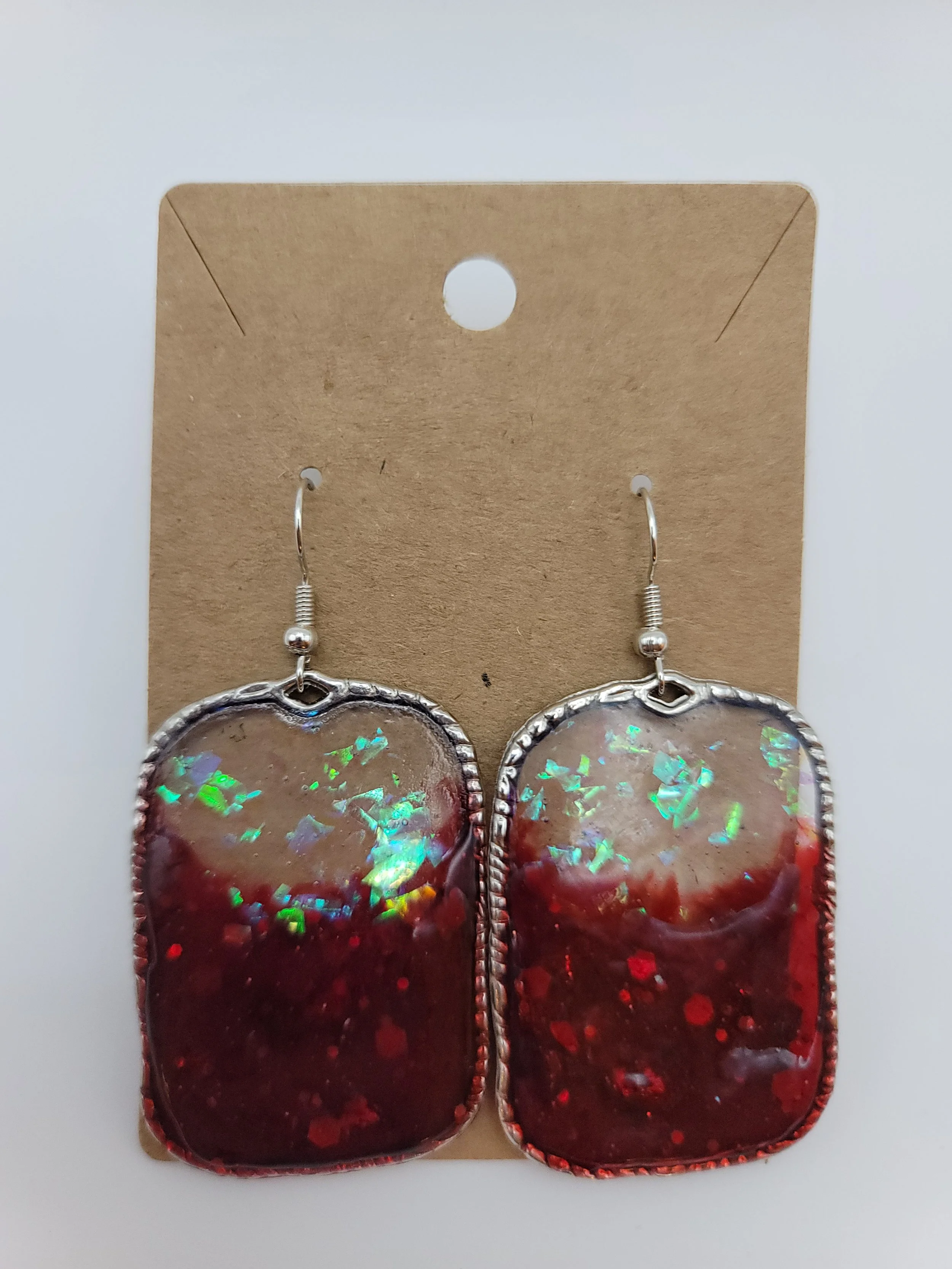 Red Glitter Silver Bezel Earrings