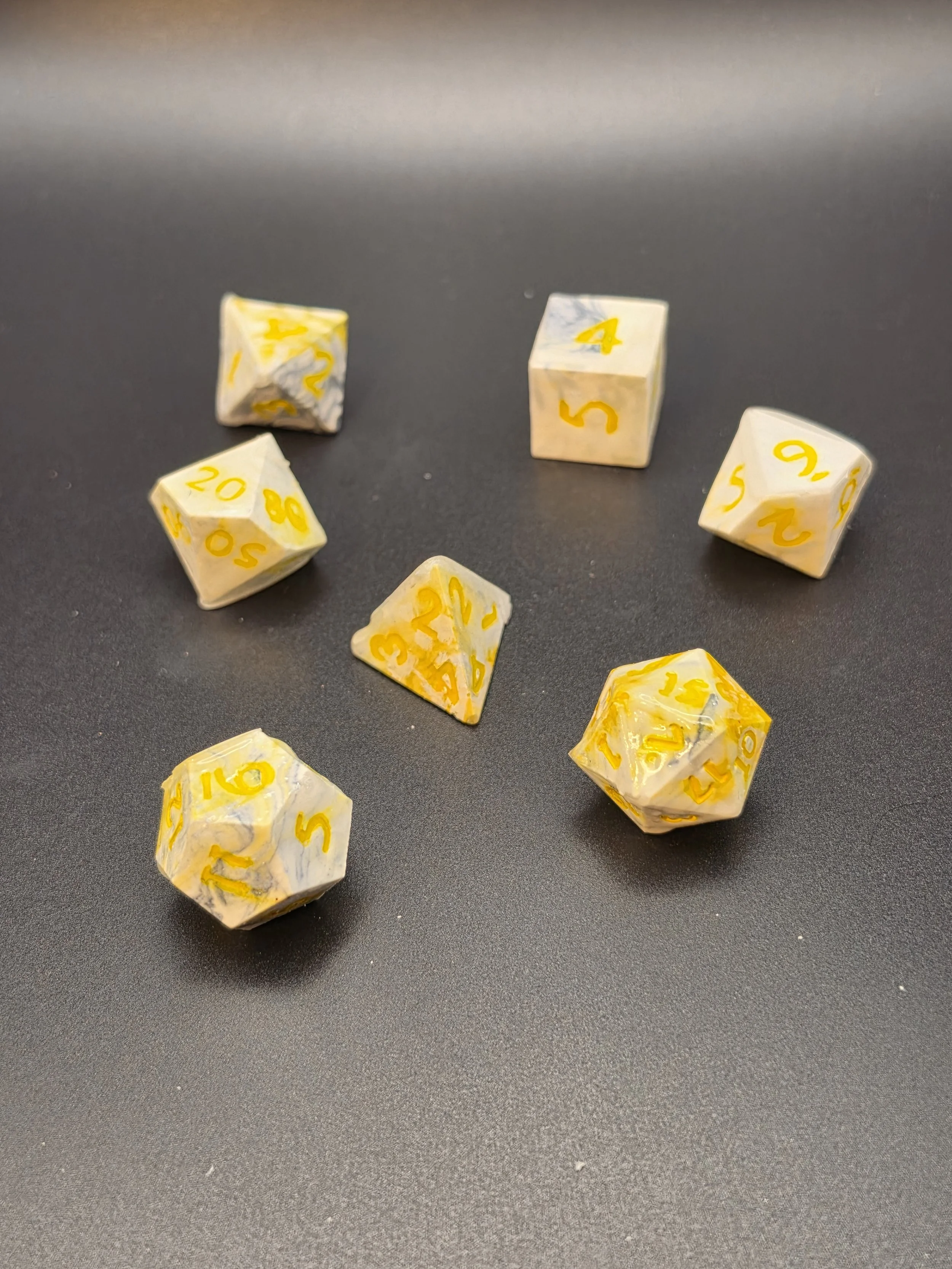 White & Grey Marble Yellow Lettering Eco Resin, UV Resin Coated Dice- Set of 7