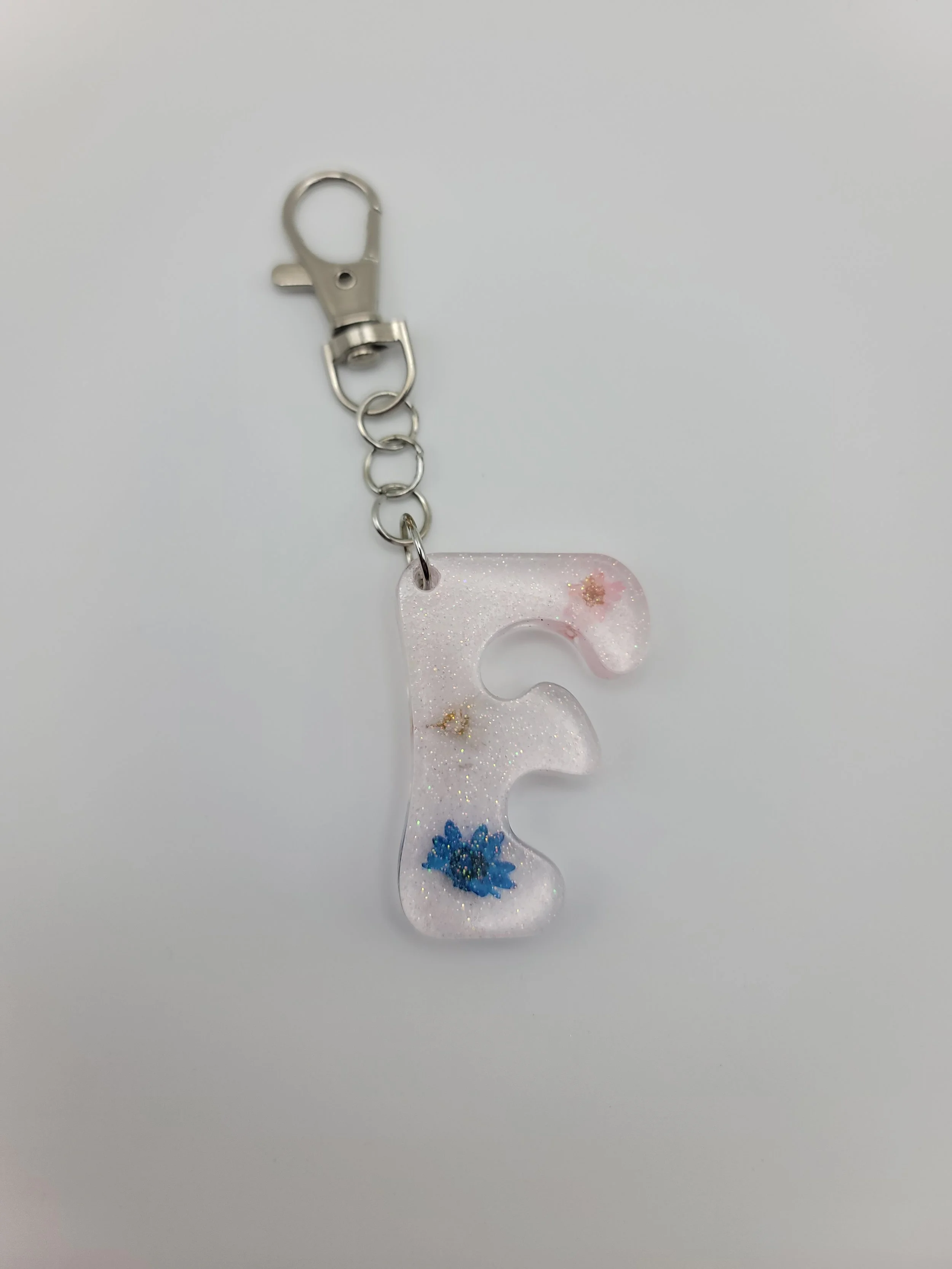 "F" Translucent Pink Glitter & Flower Keychain