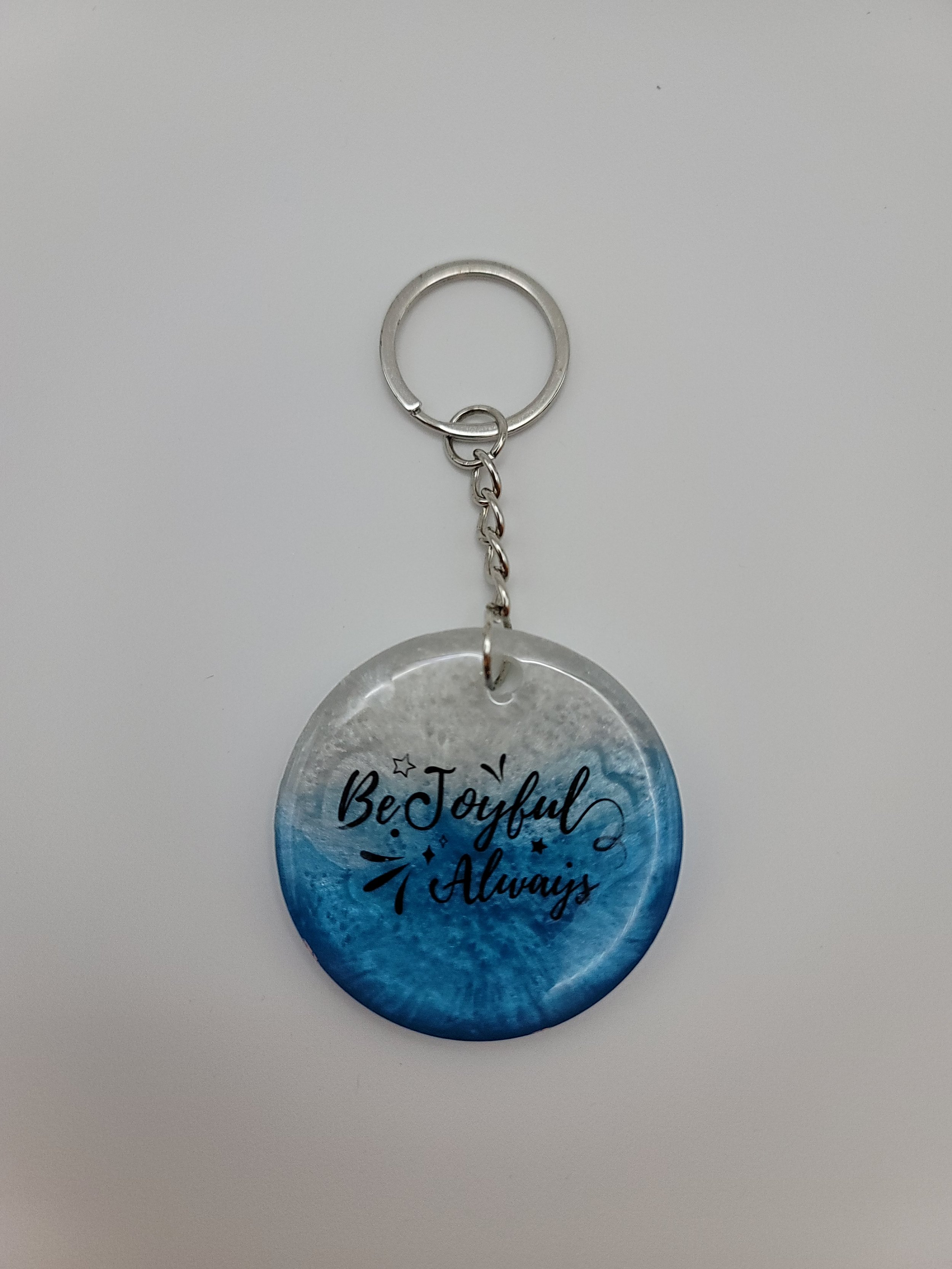 "Be Joyful Always" Blue & White Circular Keychain