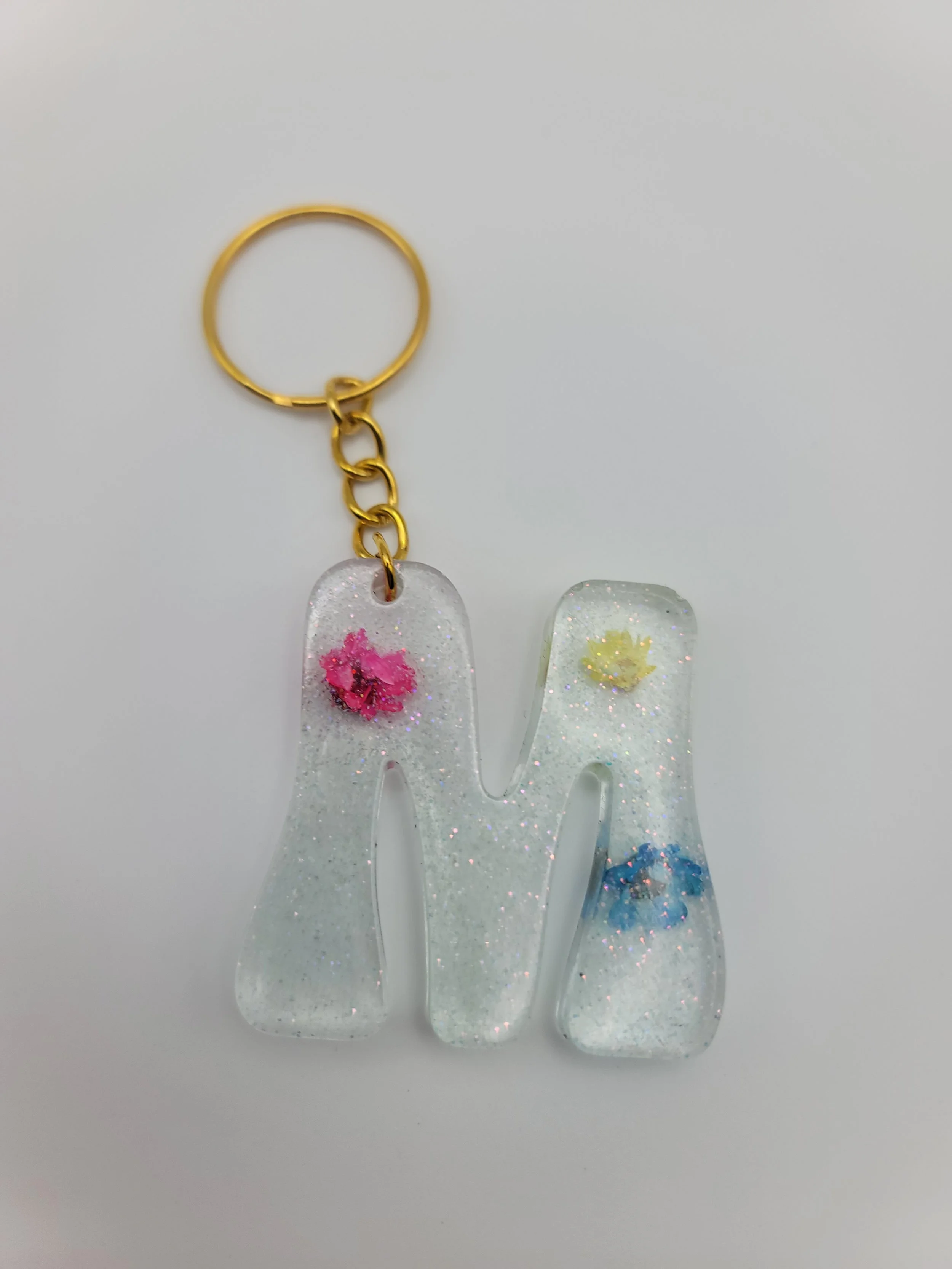 "M" Translucent Glitter & Flower Keychain
