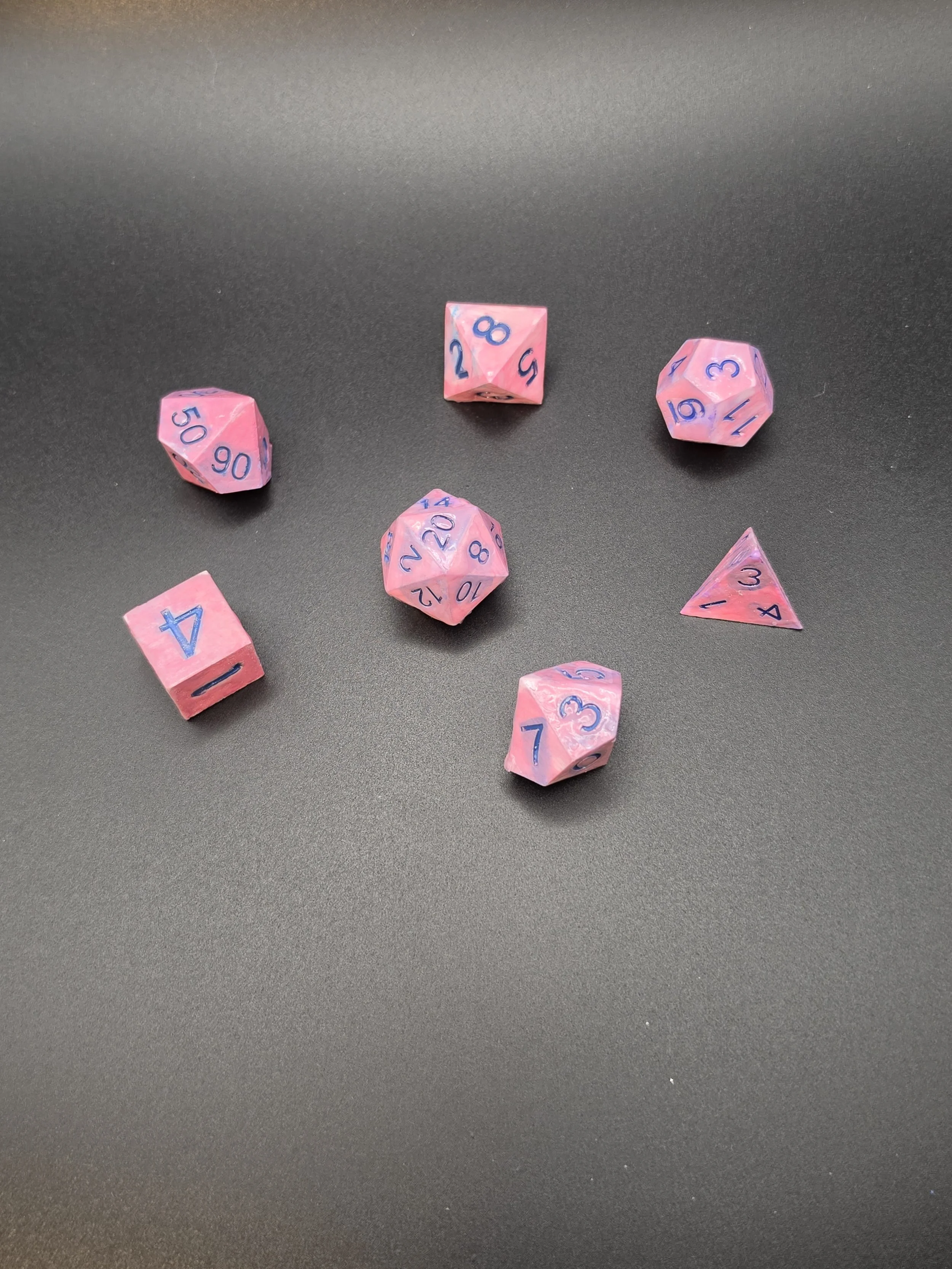 Pink Marble Blue Letter Eco Resin, UV Resin Coated Dice-Set of 7