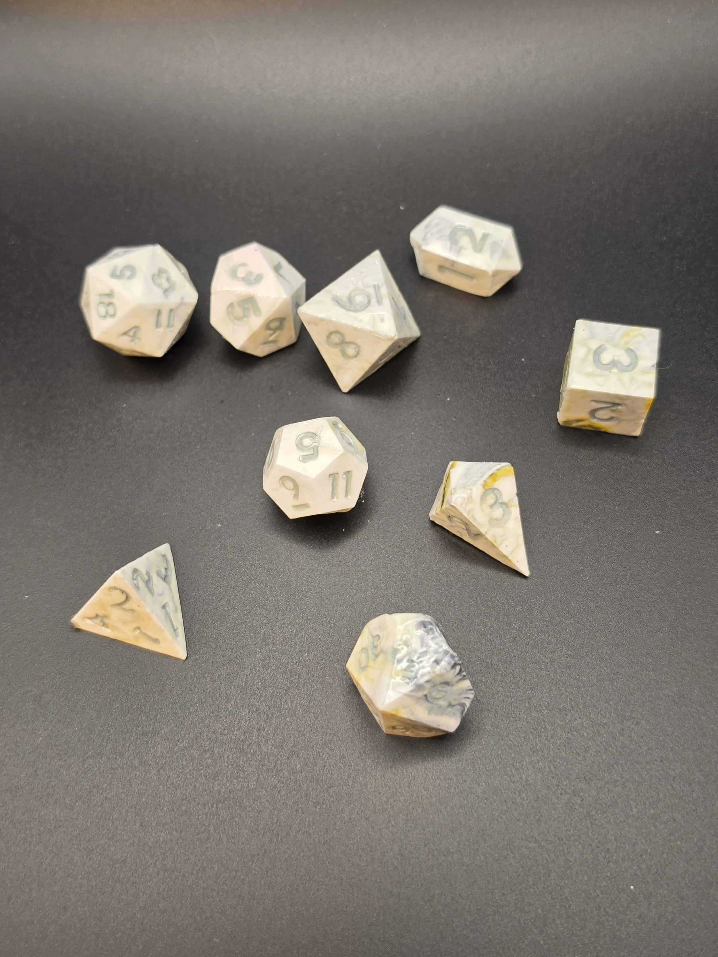 White & Grey Marble, Grey Lettering Eco Resin, UV Coated Dice- Set of 9
