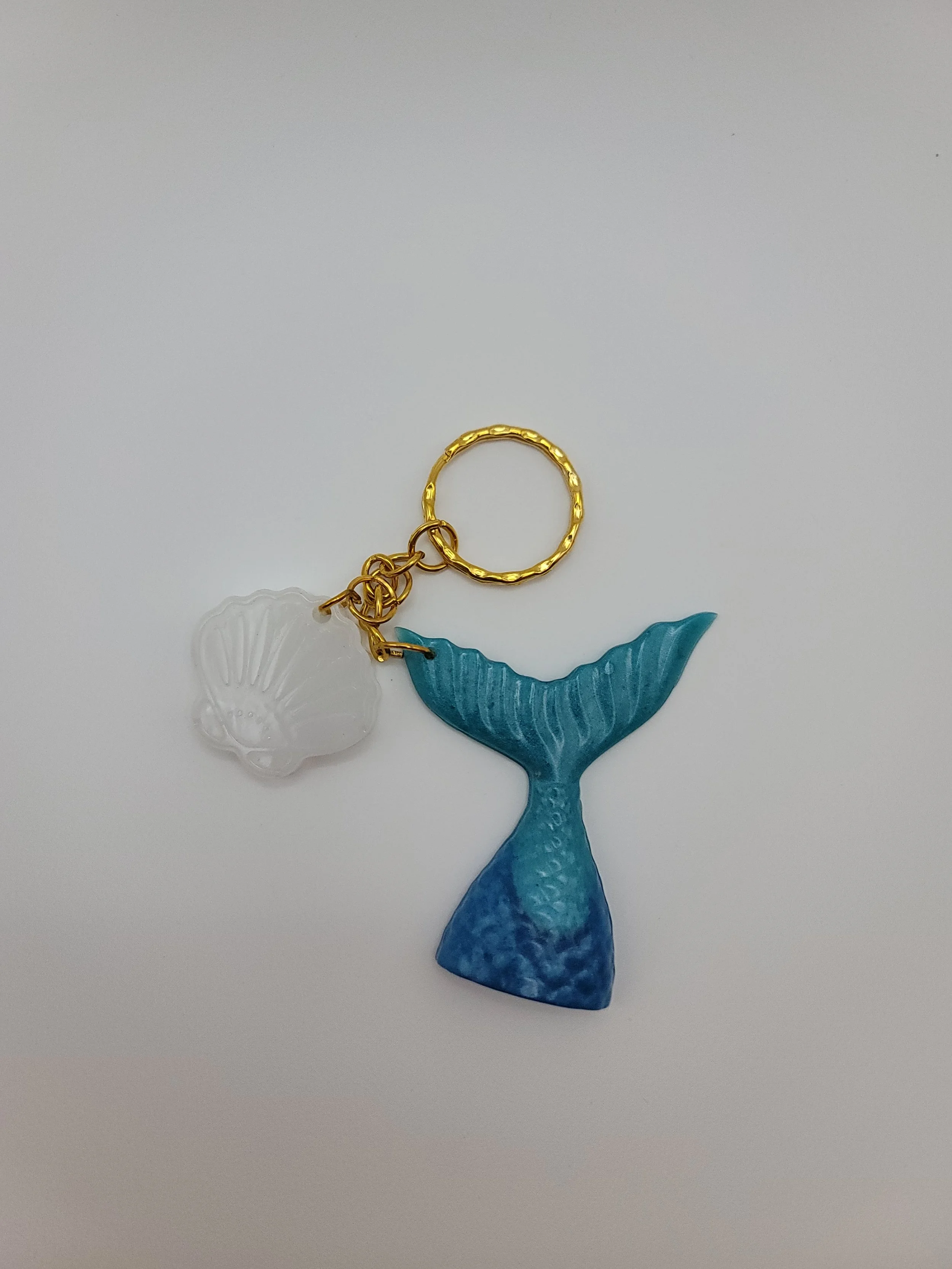 Blue Mermaid Tail Keychain with White Seashell Charm