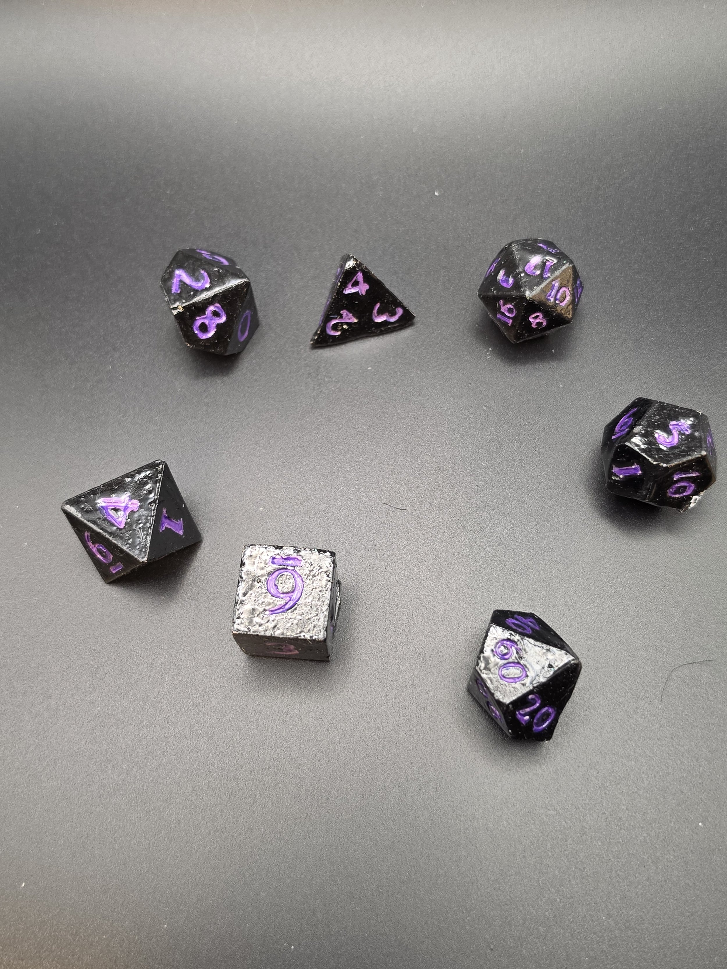 Black With Purple Lettering Eco Resin, UV Resin Coated Dice- Set of 7