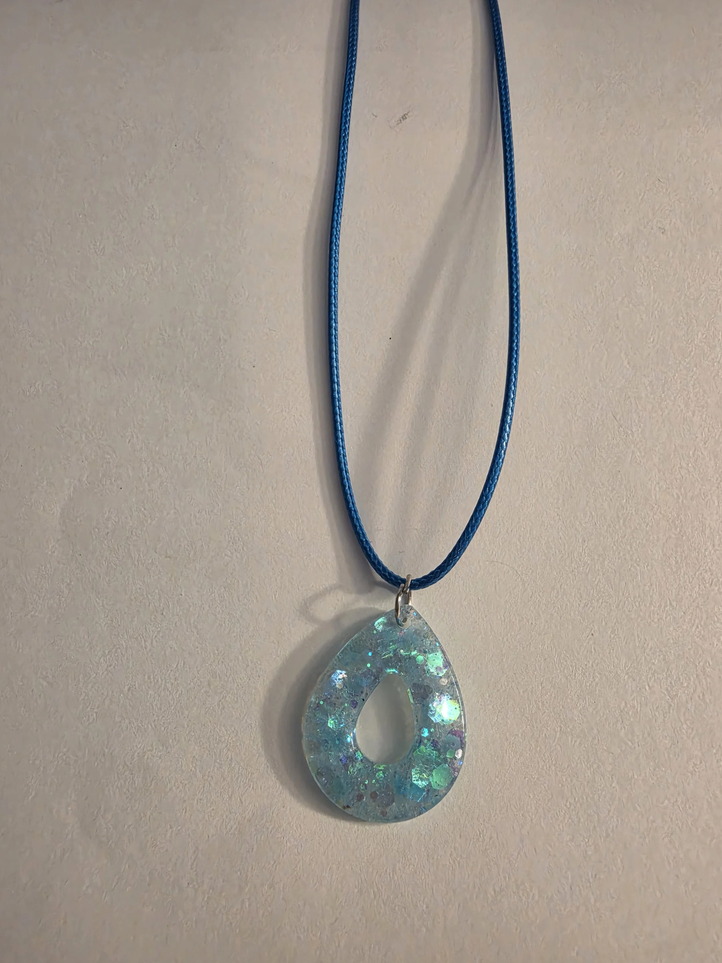 Blue Translucent Glitter Tear Drop Necklace