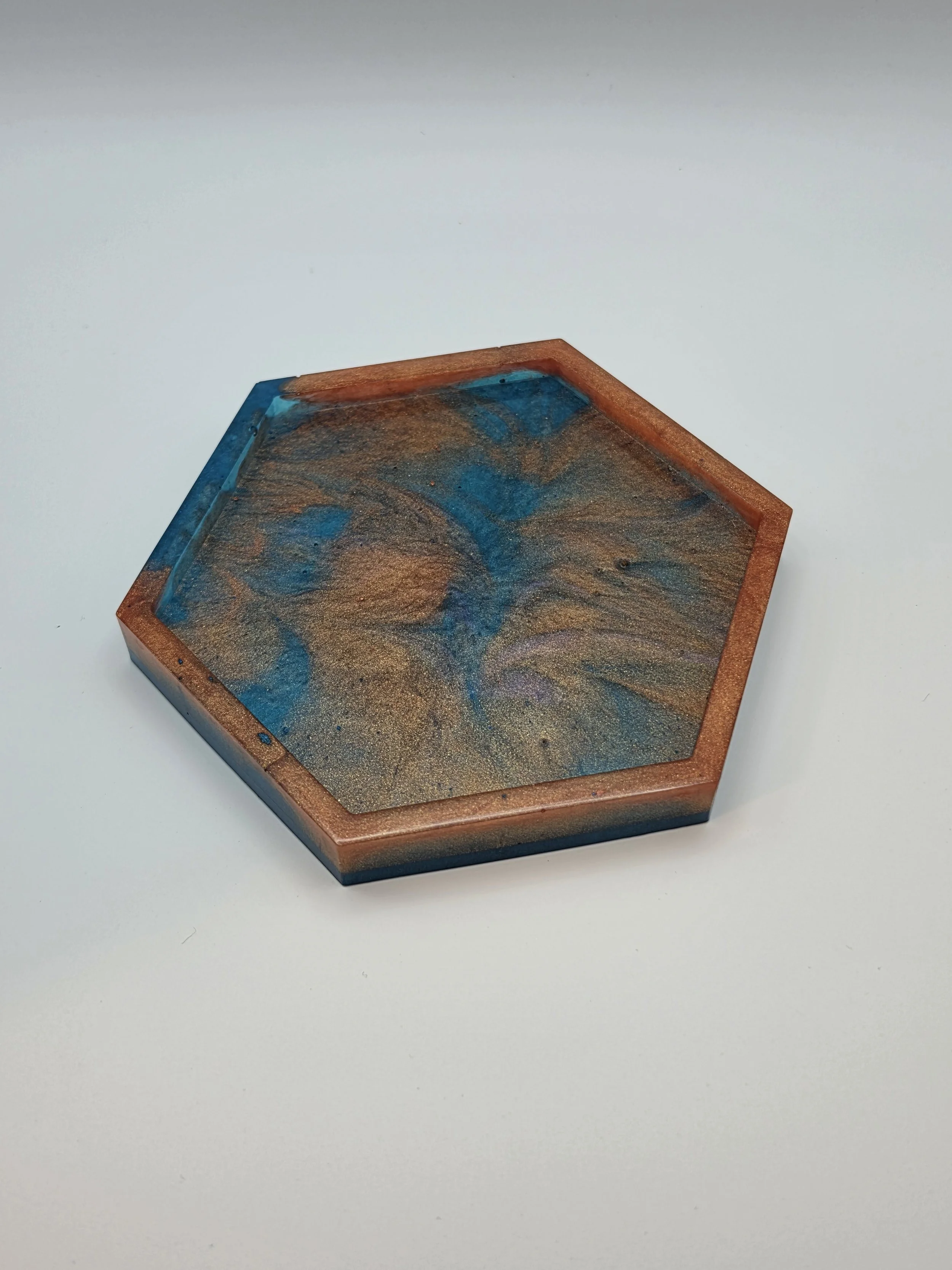 Holographic Blue & Coral Hexagon Rimmed Coaster