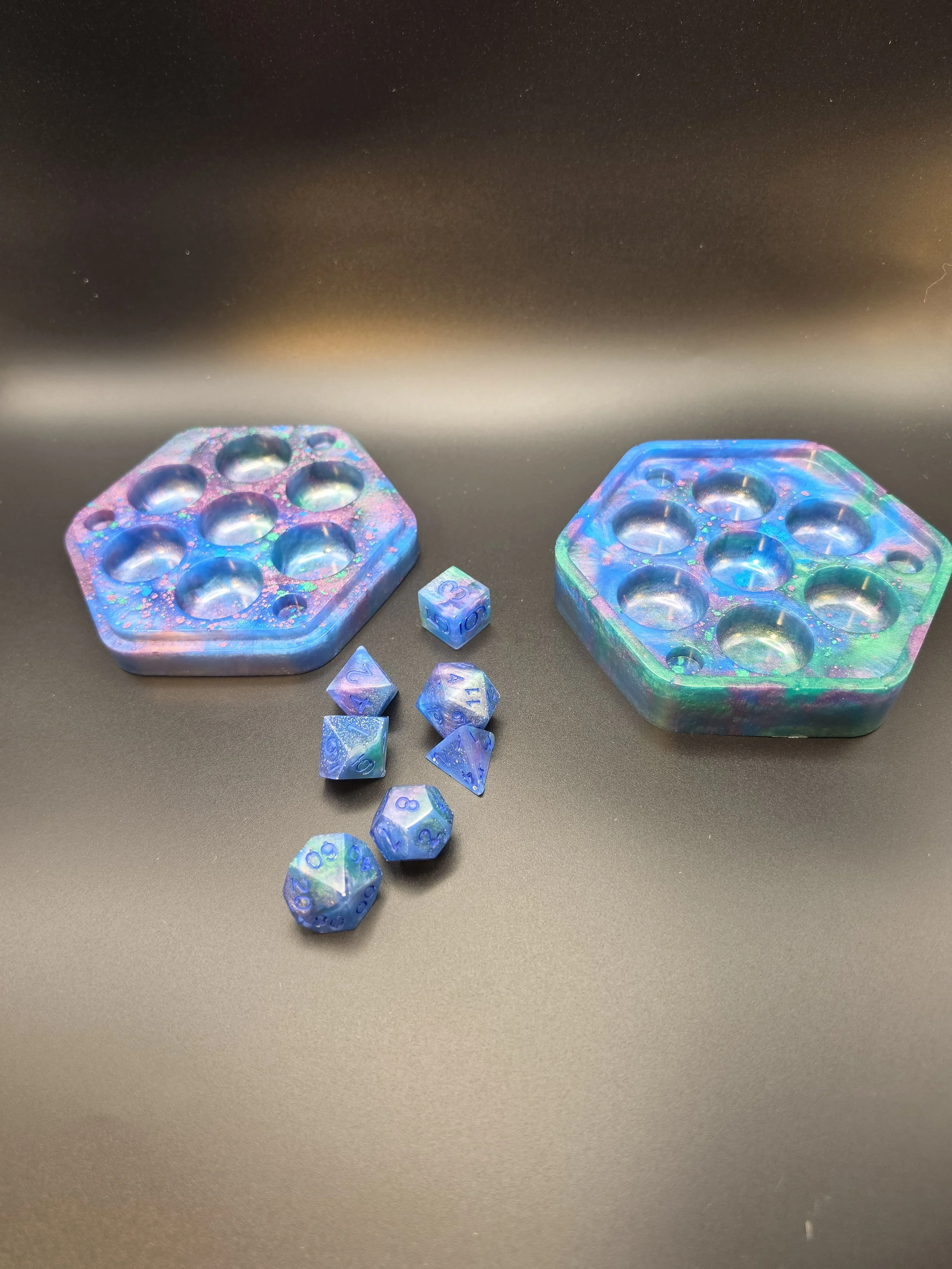 Blue, Green, Purple Swirls Epoxy Resin Dice & Holder- Set of  7