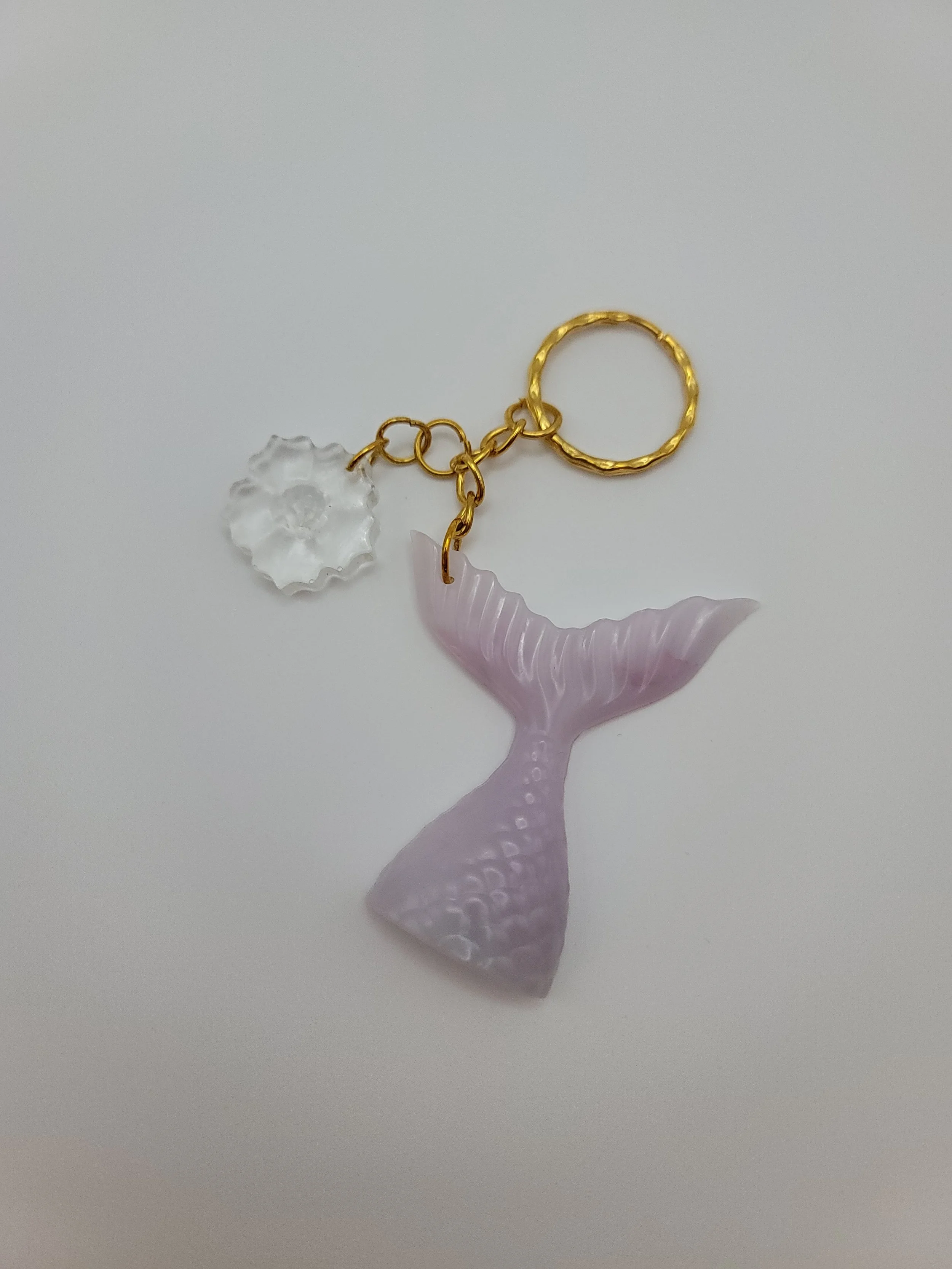 Pink & White Mermaid Tail Keychain with Clear Flower Charm