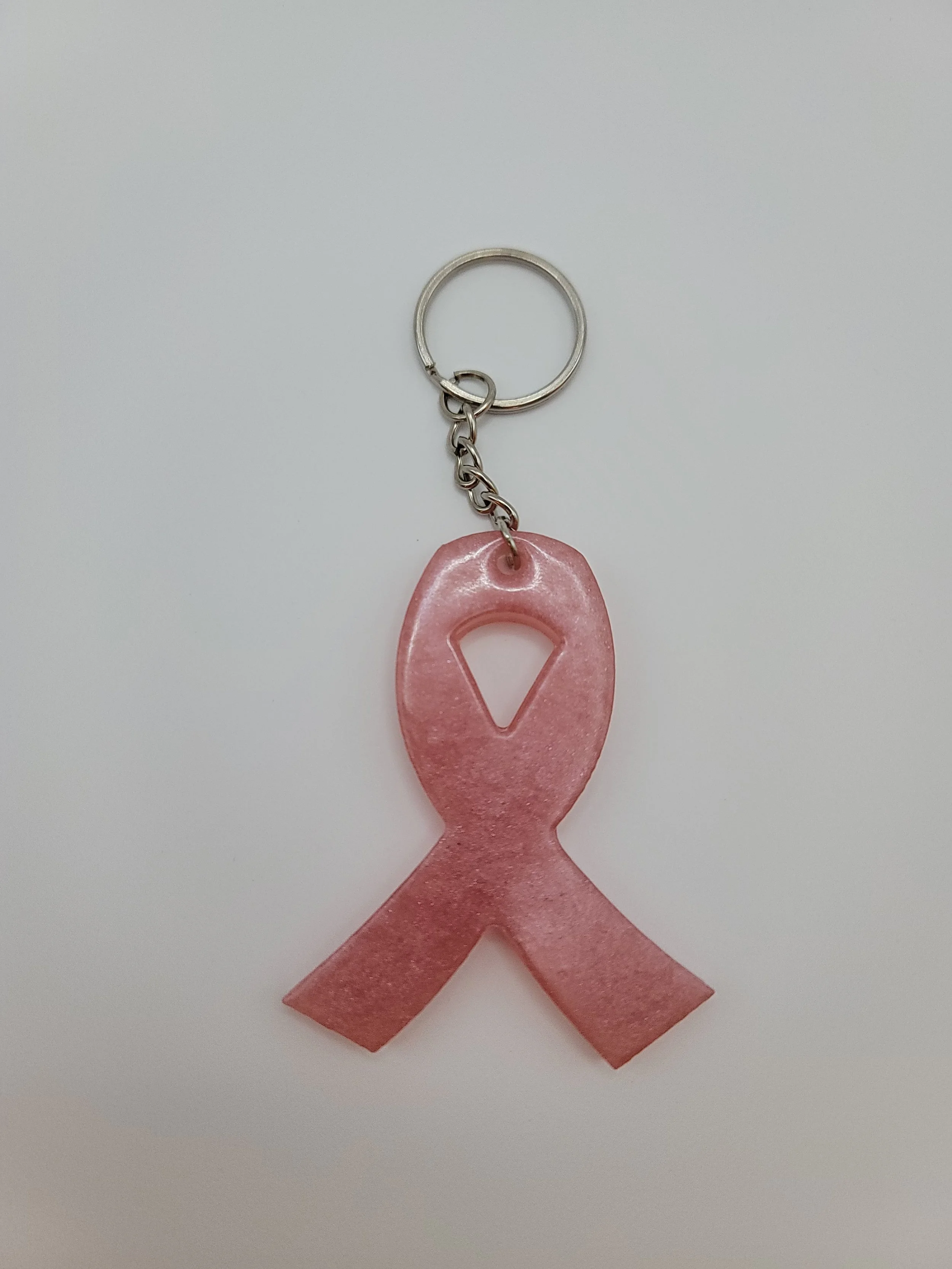 Shimmery Pink Awareness Ribbon Keychain with Silver Chain