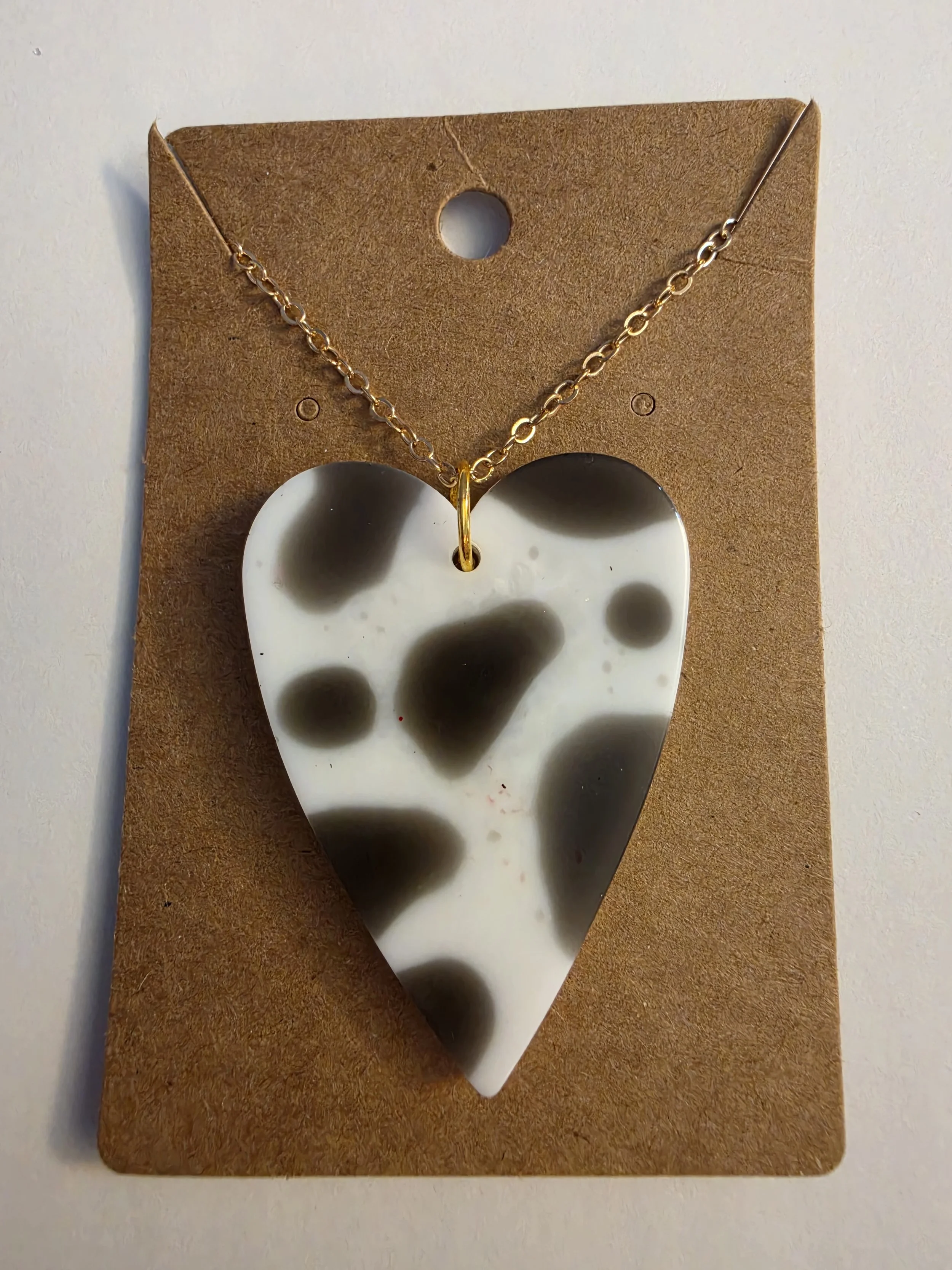 Brown & White Print Heart Gold Chain Neckace