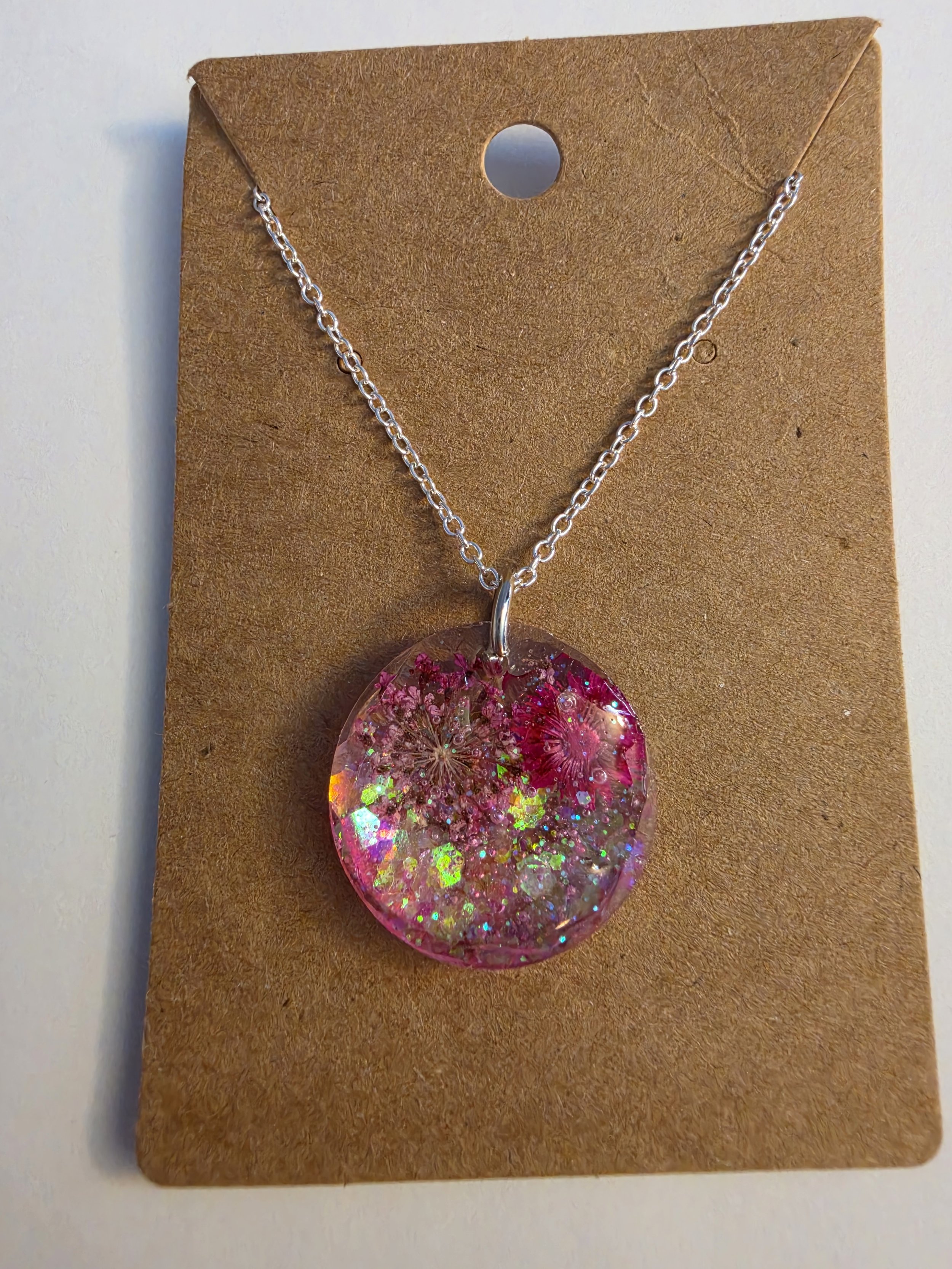 Pink Glitter Flower Round Silver Chain Necklace