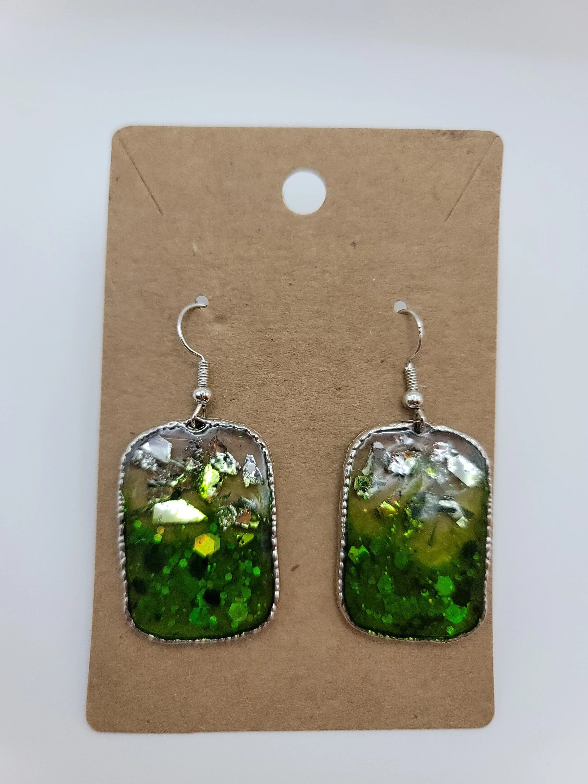Green & Silver Flake Bezel Earrings