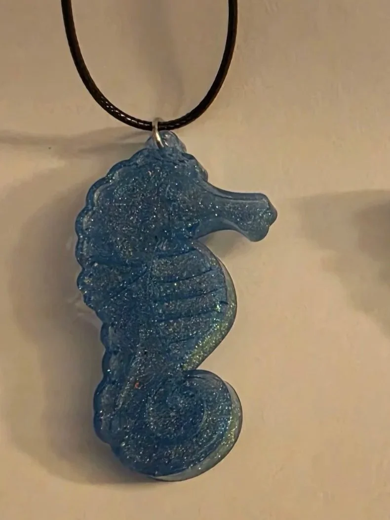 Blue Glitter Seahorse Necklace
