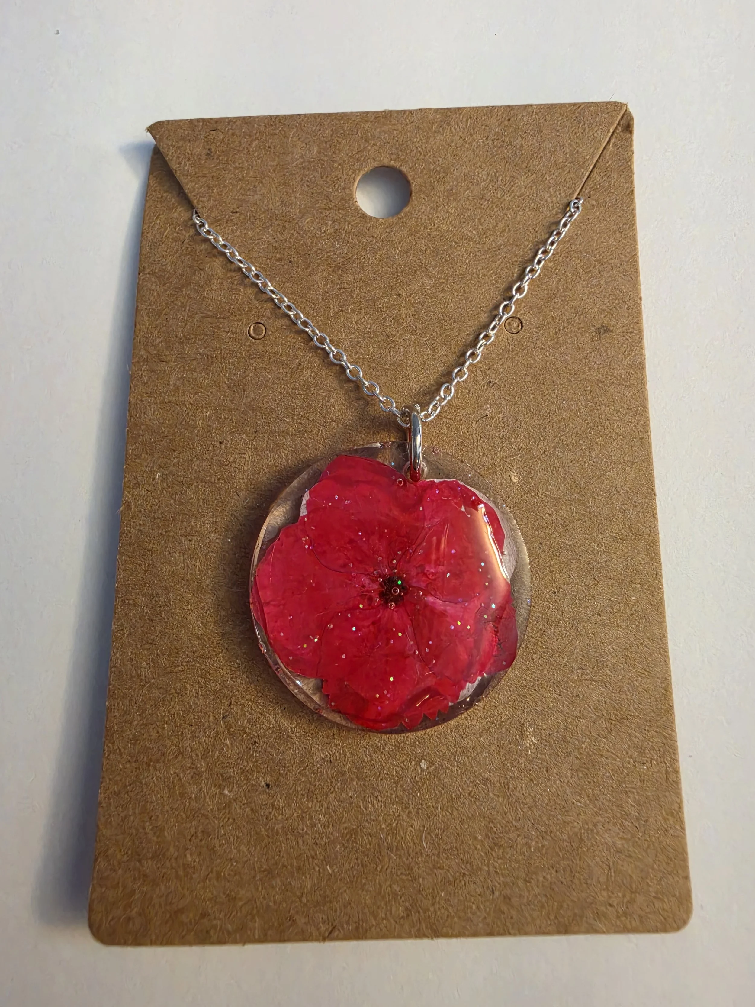 Red Flower Round Silver Chain Necklace