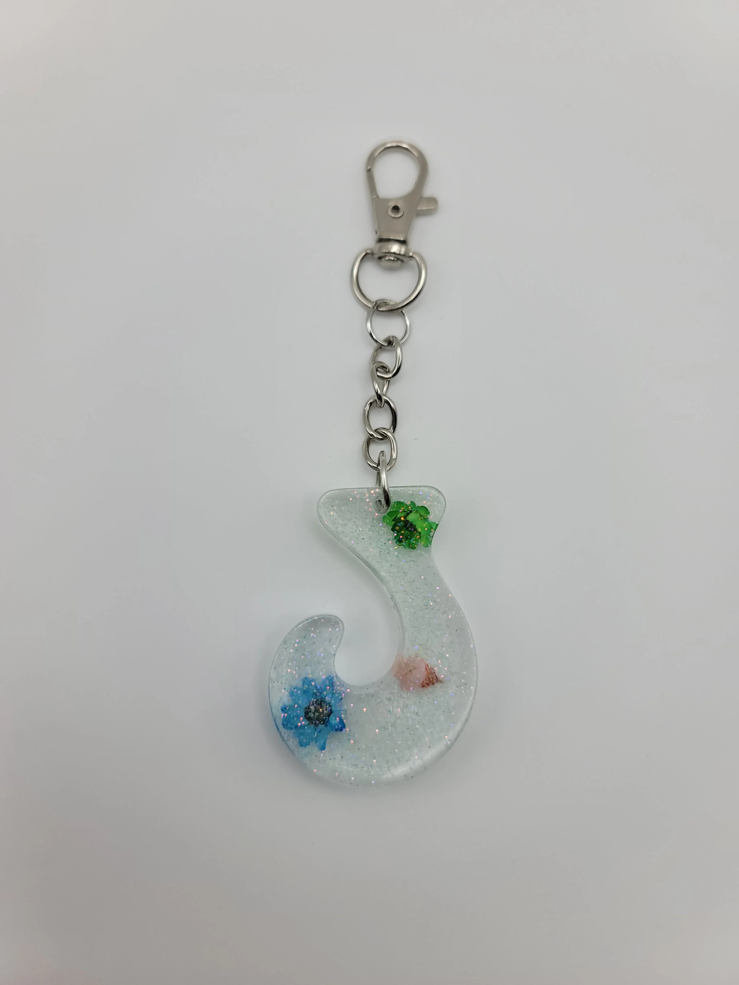 "J" Translucent Glitter & Flower Keychain