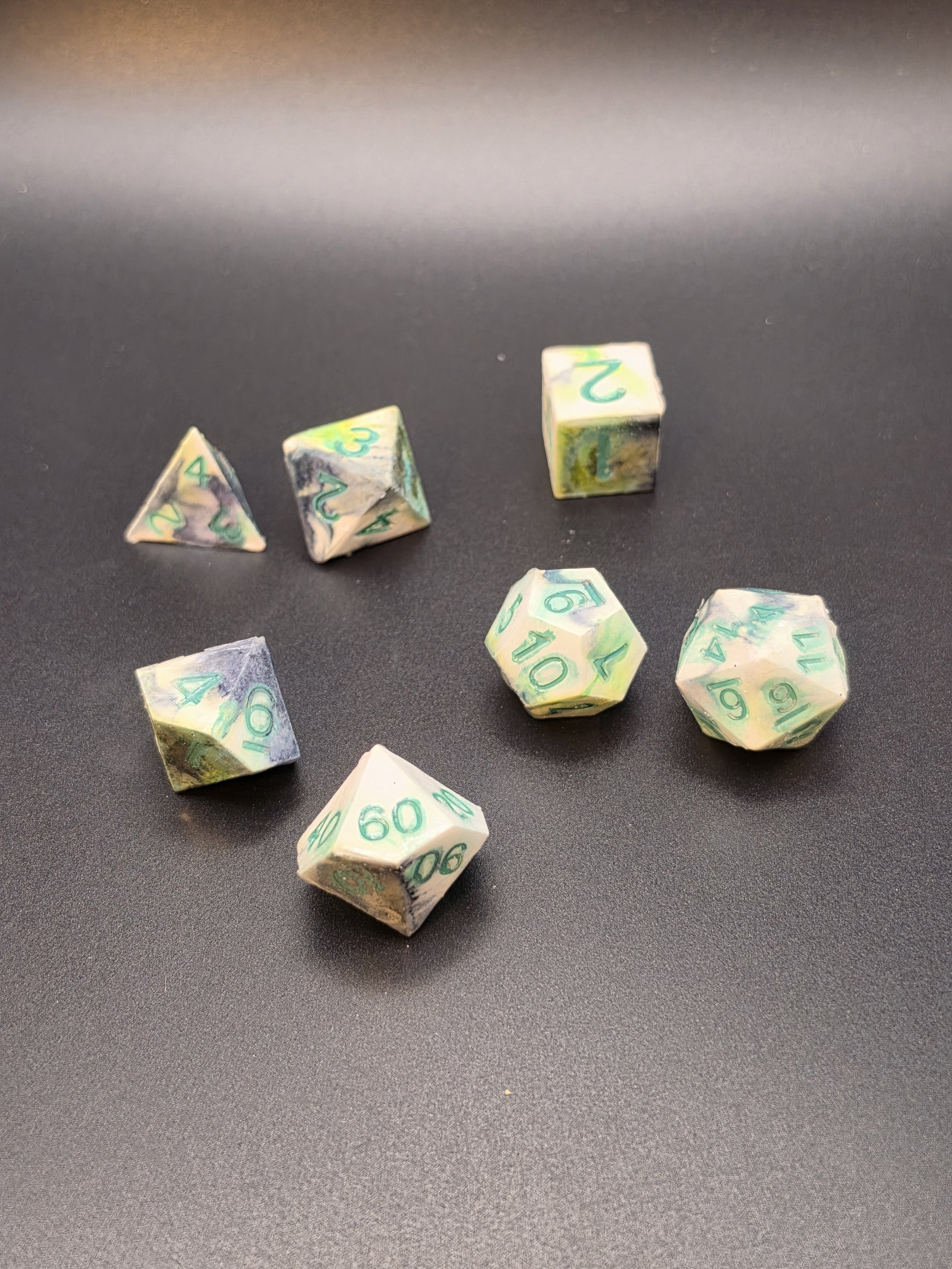 Black, Green, White Marble with Green Lettering Eco Resin, UV Coated Dice- Set of 7