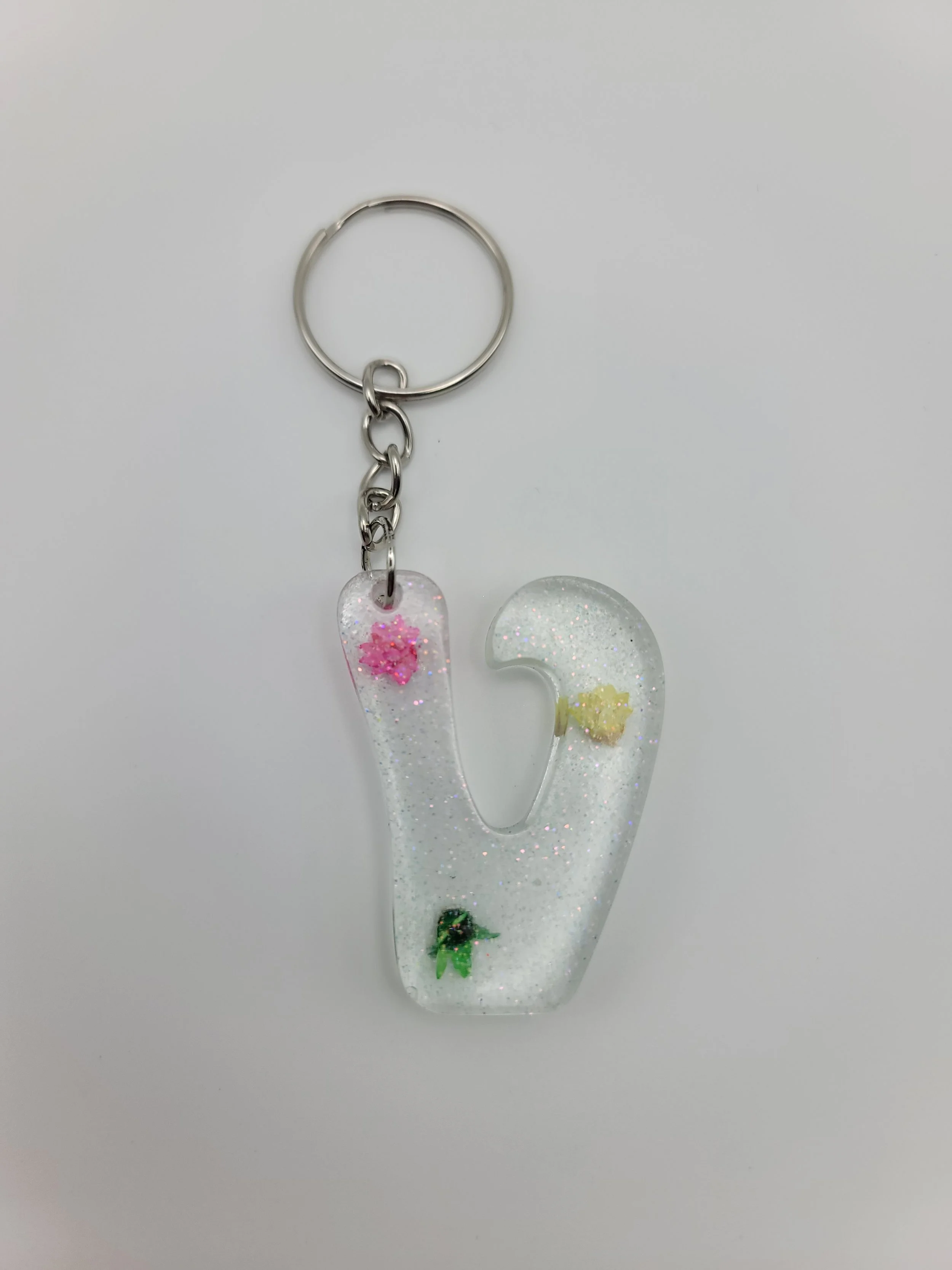 "V" Translucent Glitter & Flower Keychain