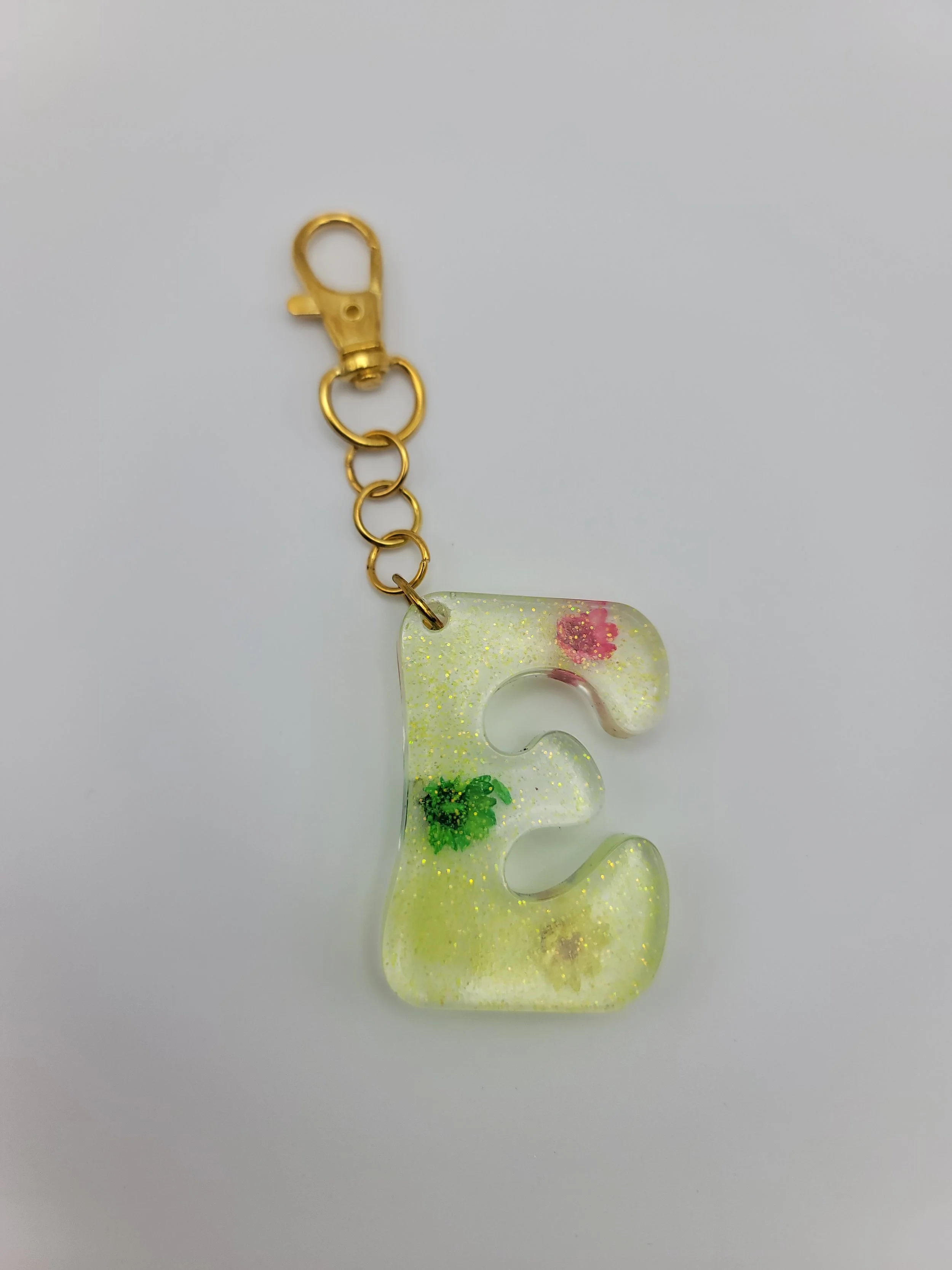 "E" Translucent Yellow Glitter & Flower Keychain