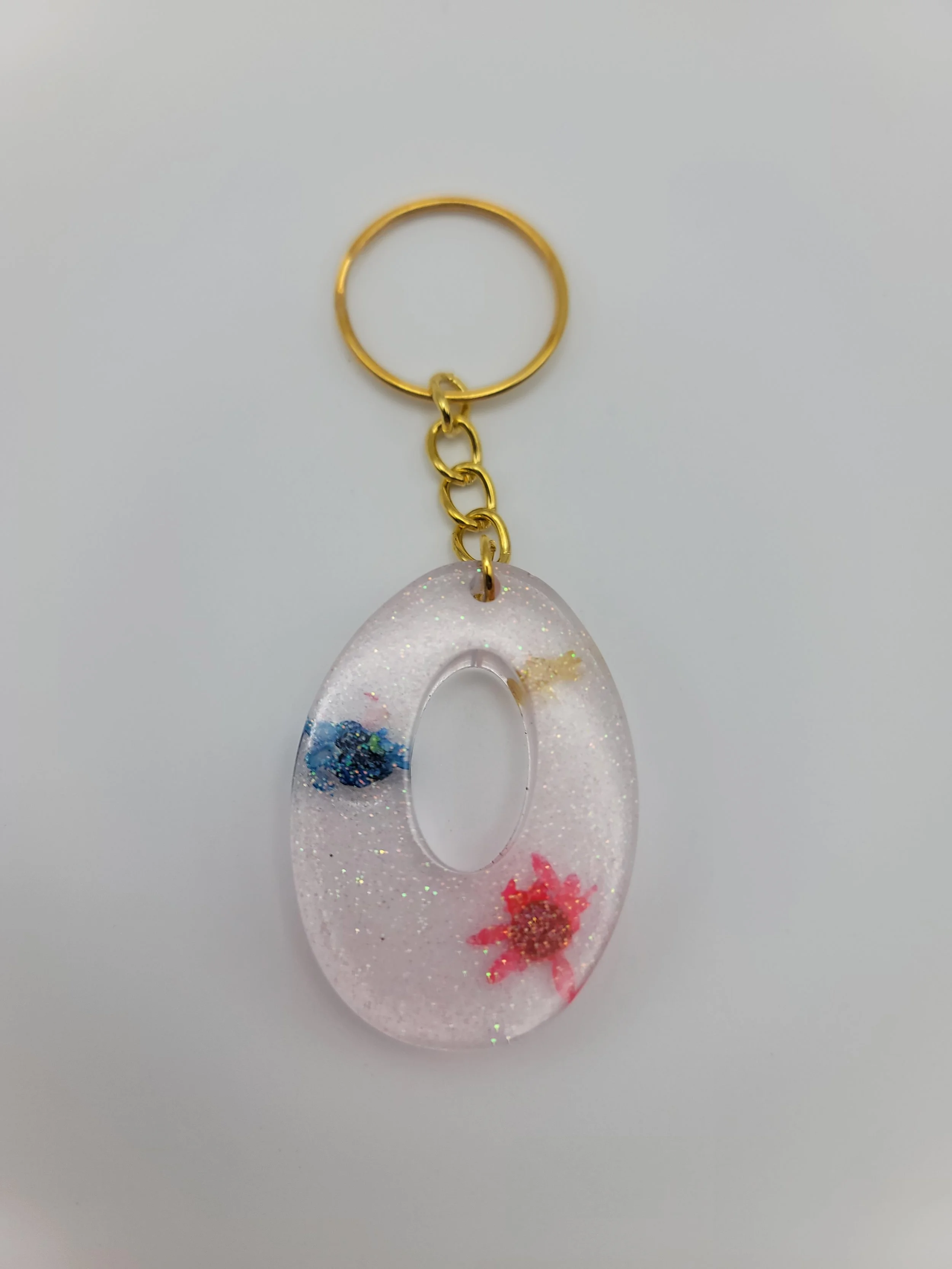 "O" Translucent Pink Glitter & Flower Keychain