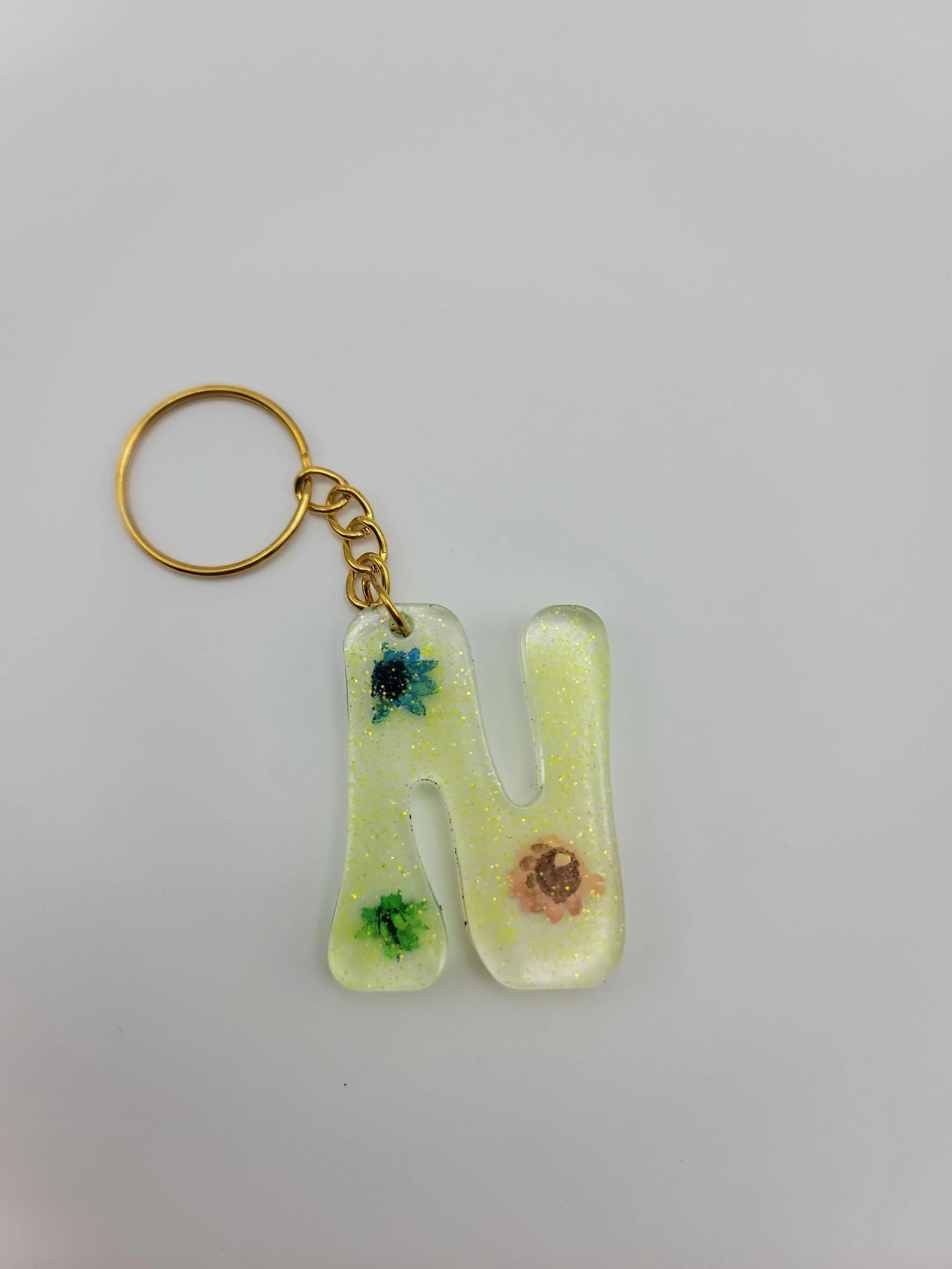 "N" Translucent Yellow Glitter & Flower Keychain