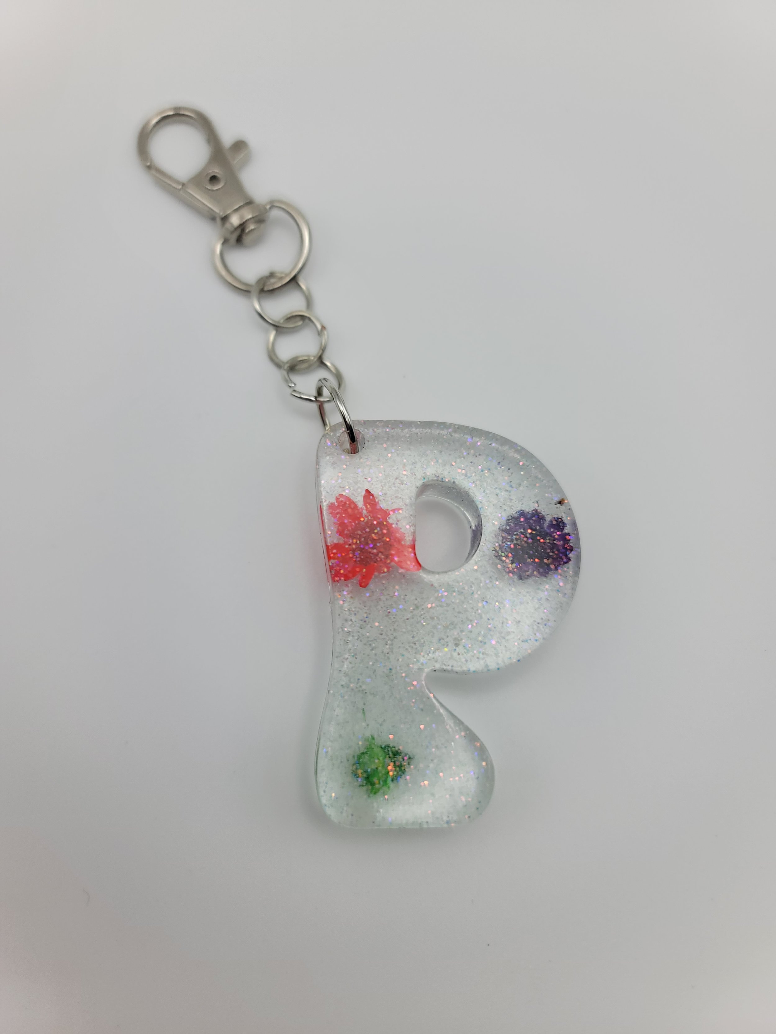 "P" Translucent Glitter & Flower Keychain
