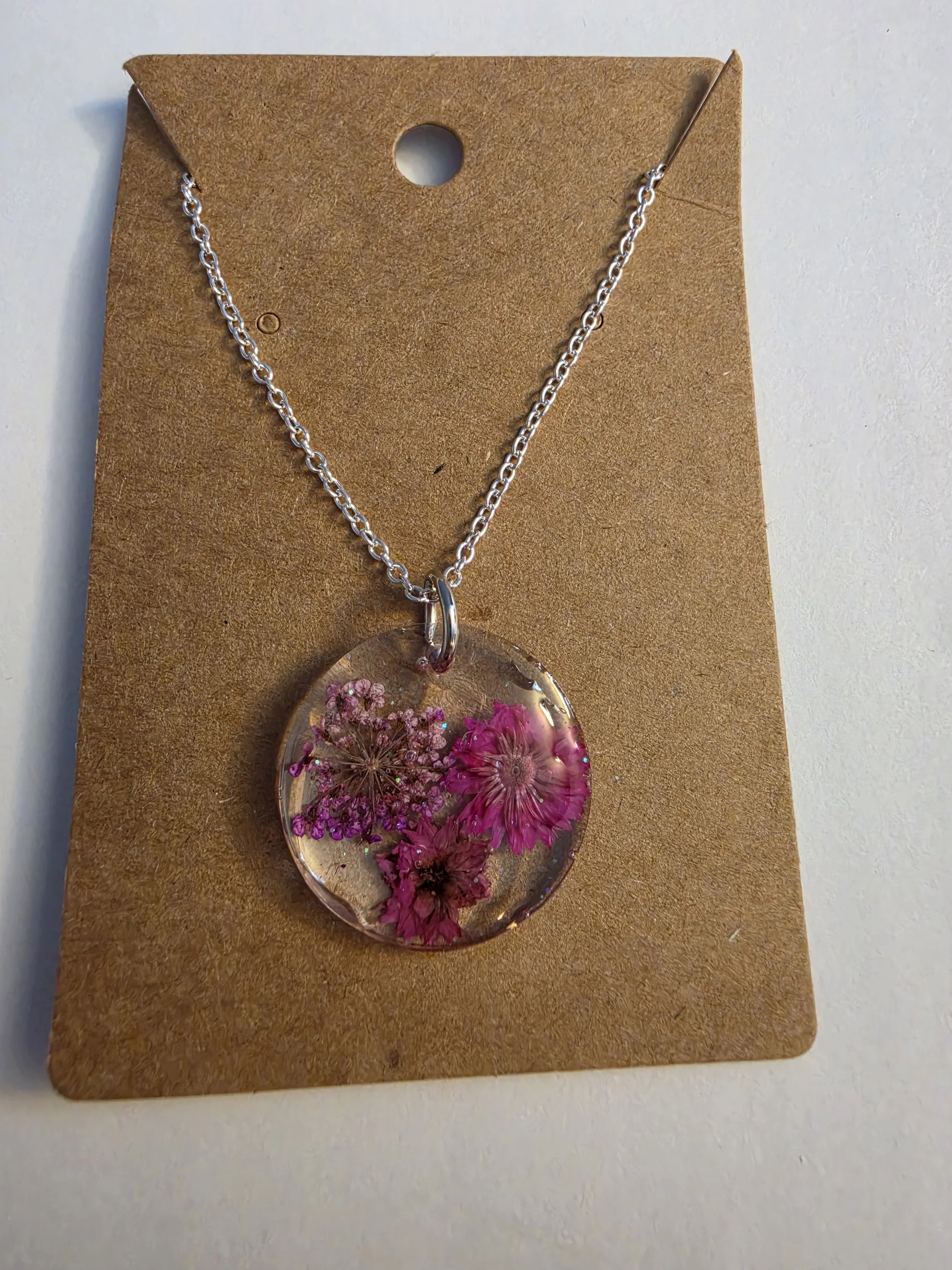 Clear Pink Flower Round Silver Chain Necklace
