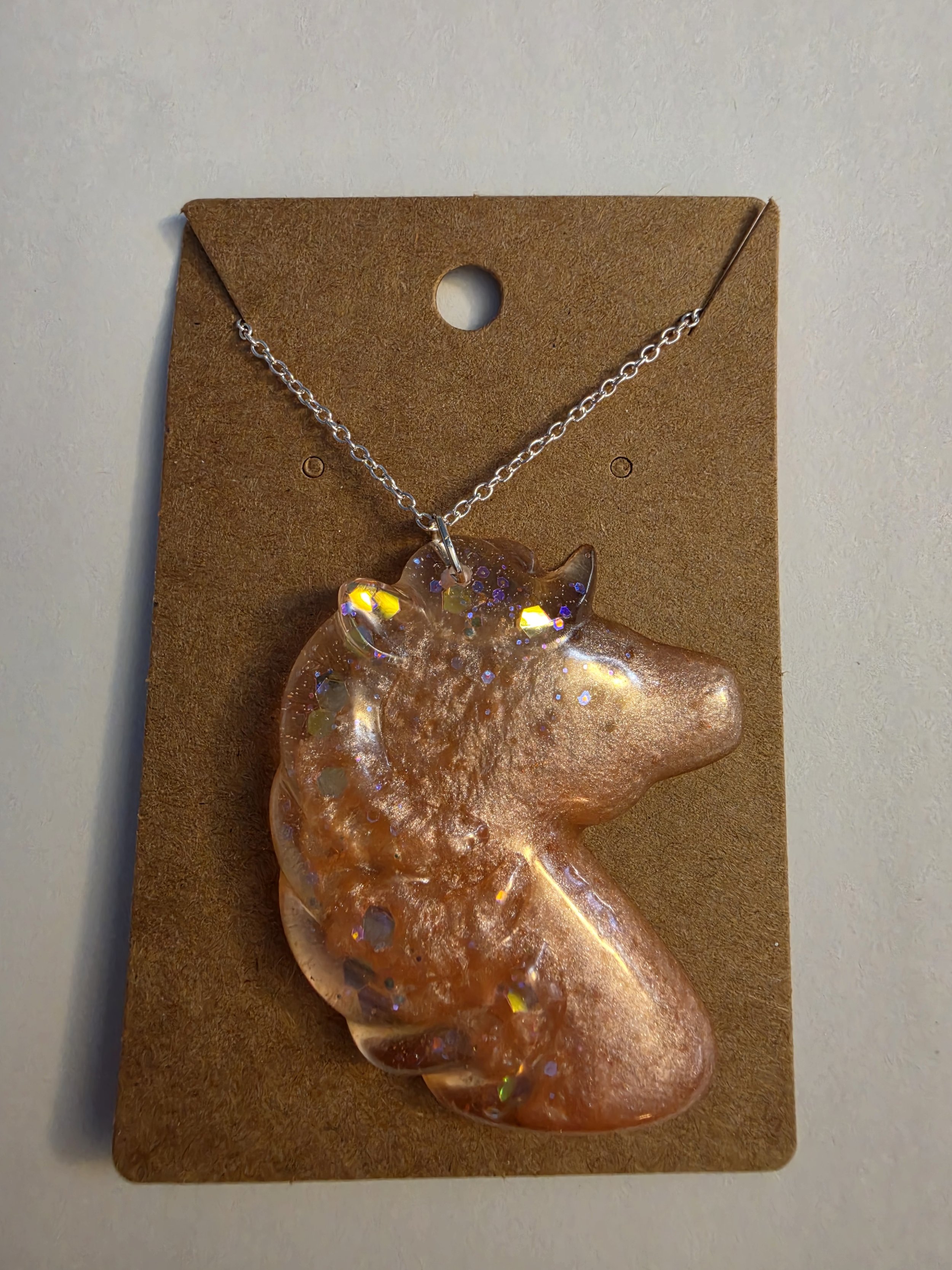 Peach Glitter Horse Silver Chain Necklace