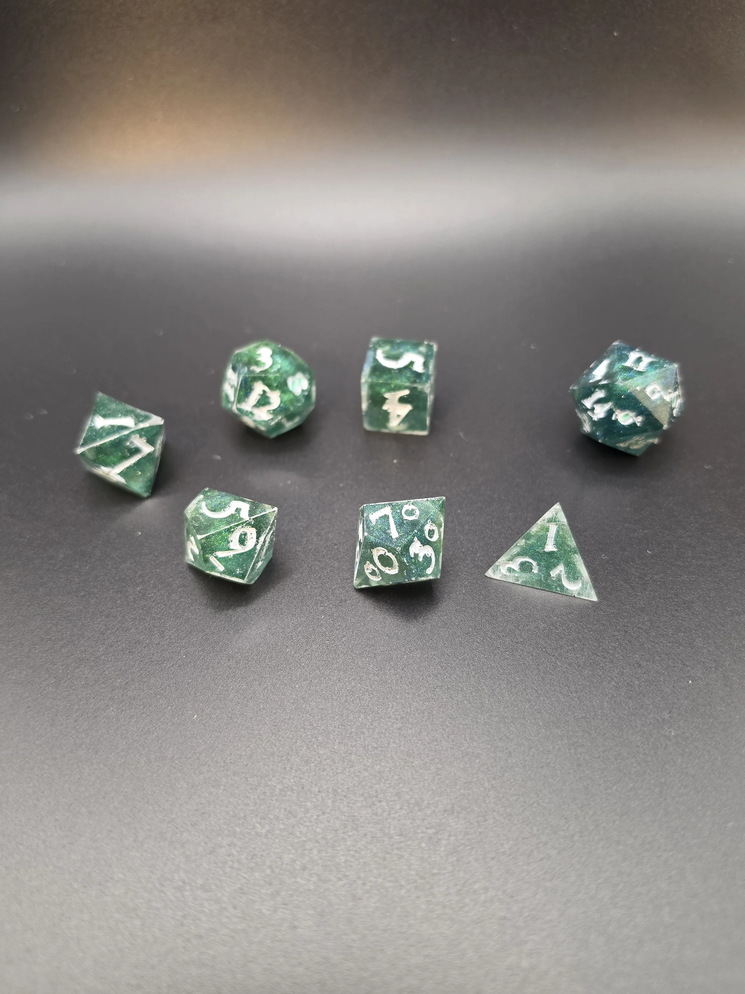 Green Sparkly Epoxy Resin Dice- Set of 7