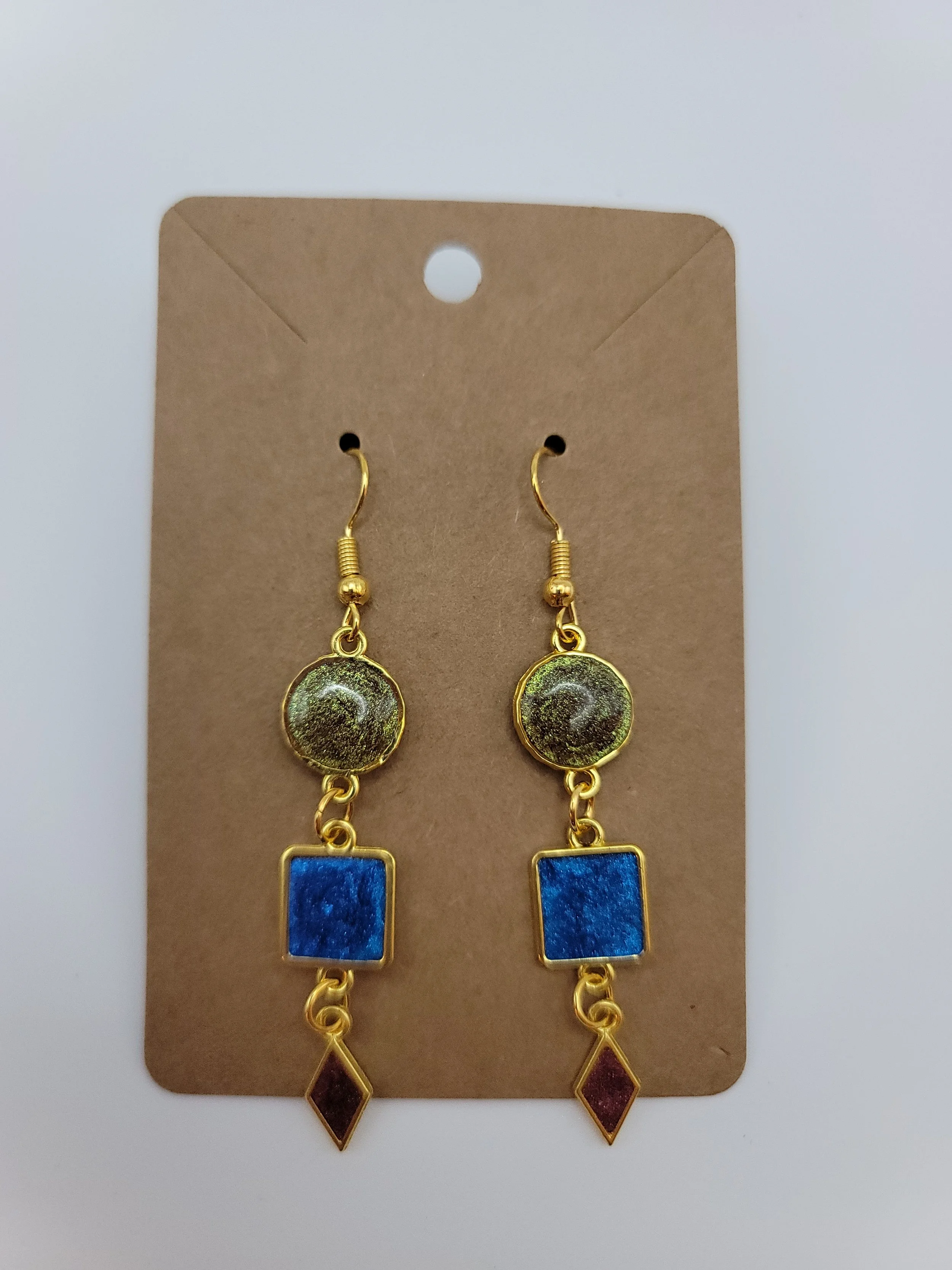 Geometric Gold, Blue, & Red Drop Earrings