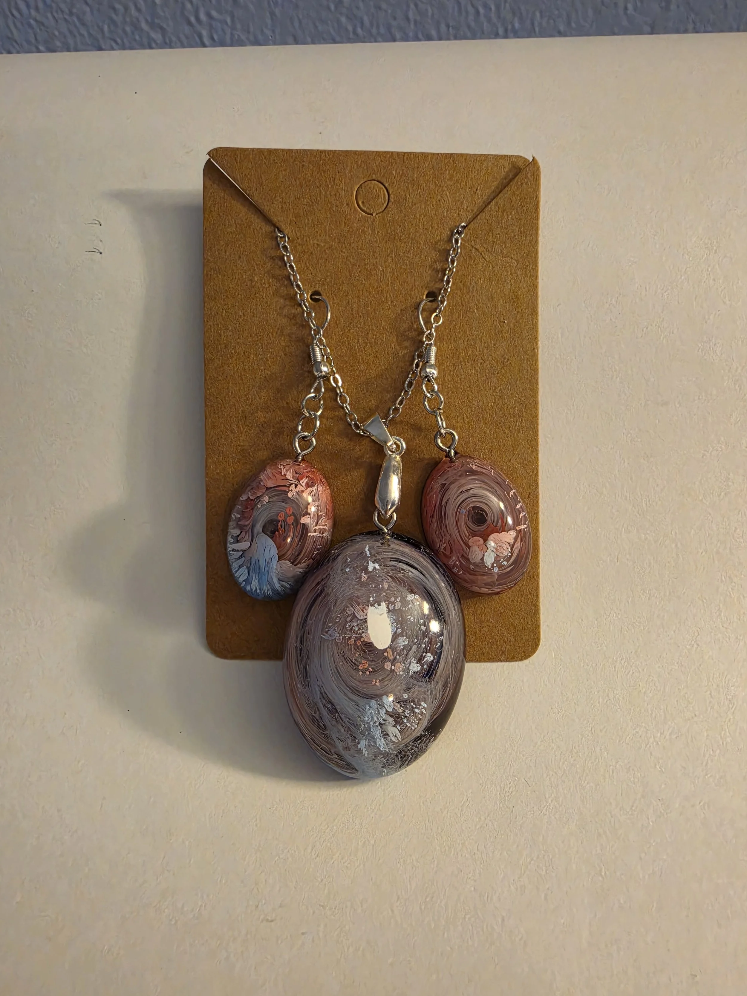Red, White, & Blue Swirl Oval Silver Chain Jewelry Set