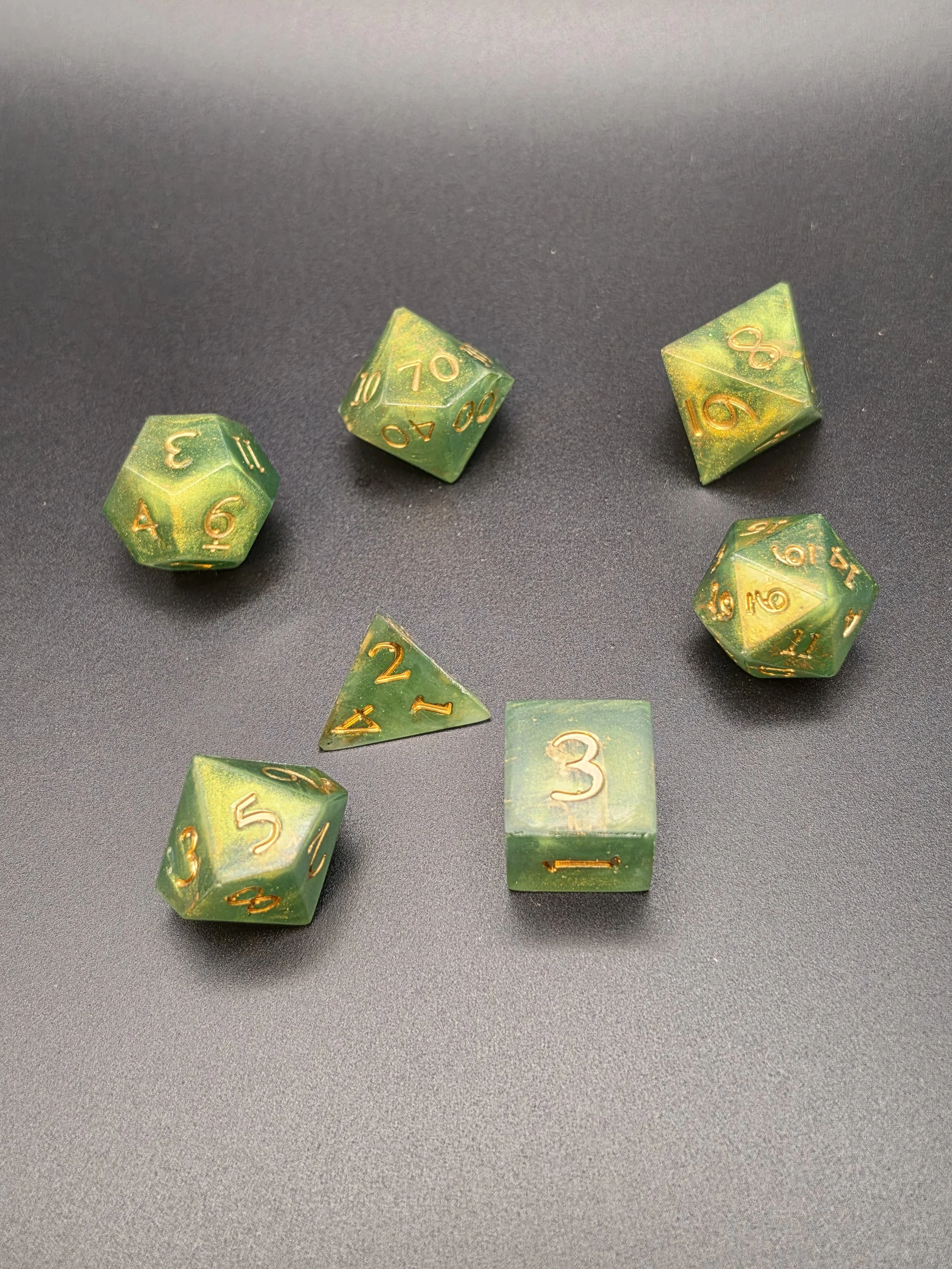 Green Sparkle Gold Lettering Epoxy Resin Dice- Set of 7
