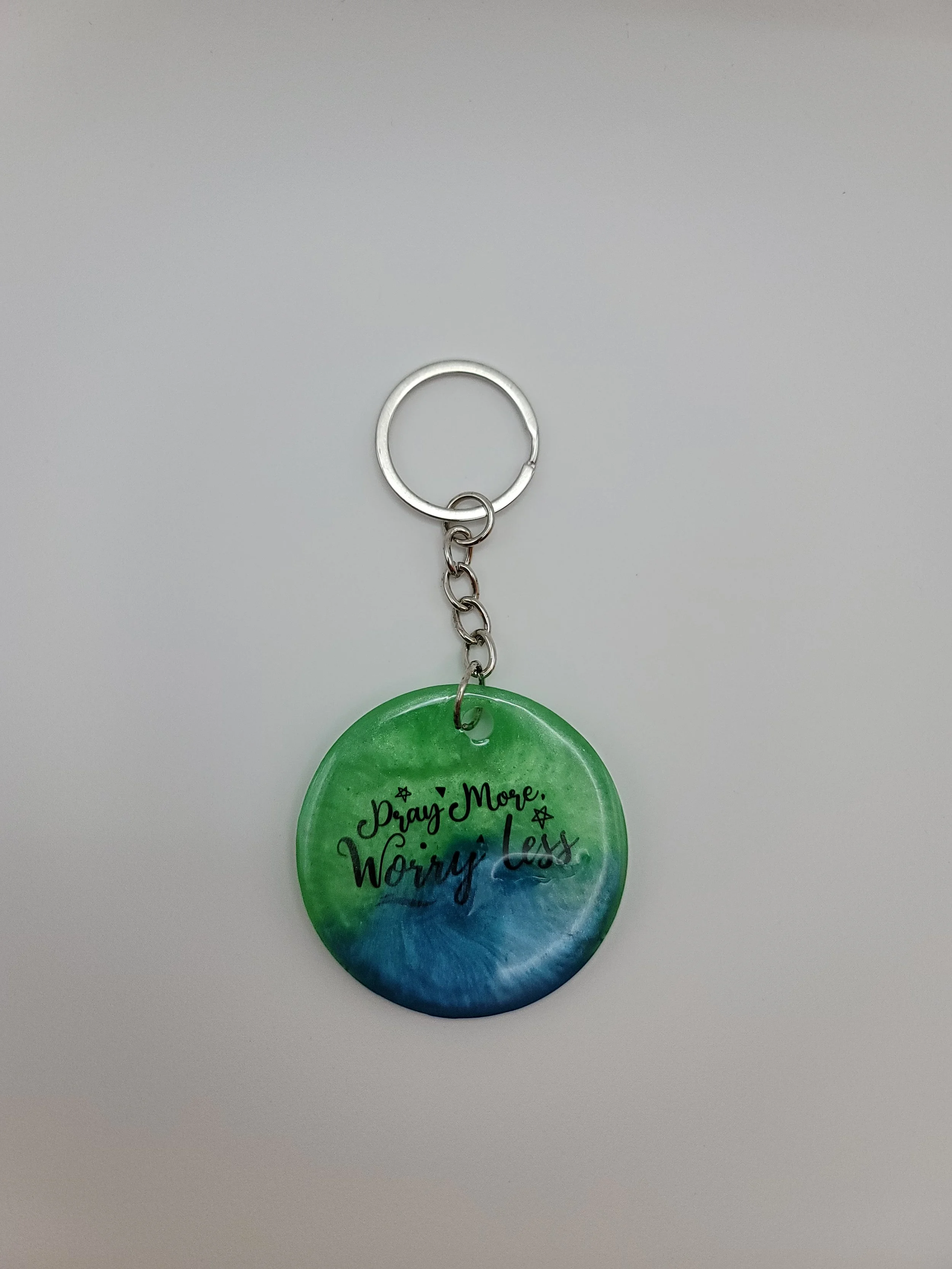"Pray More, Worry Less" Blue & Green Keychain