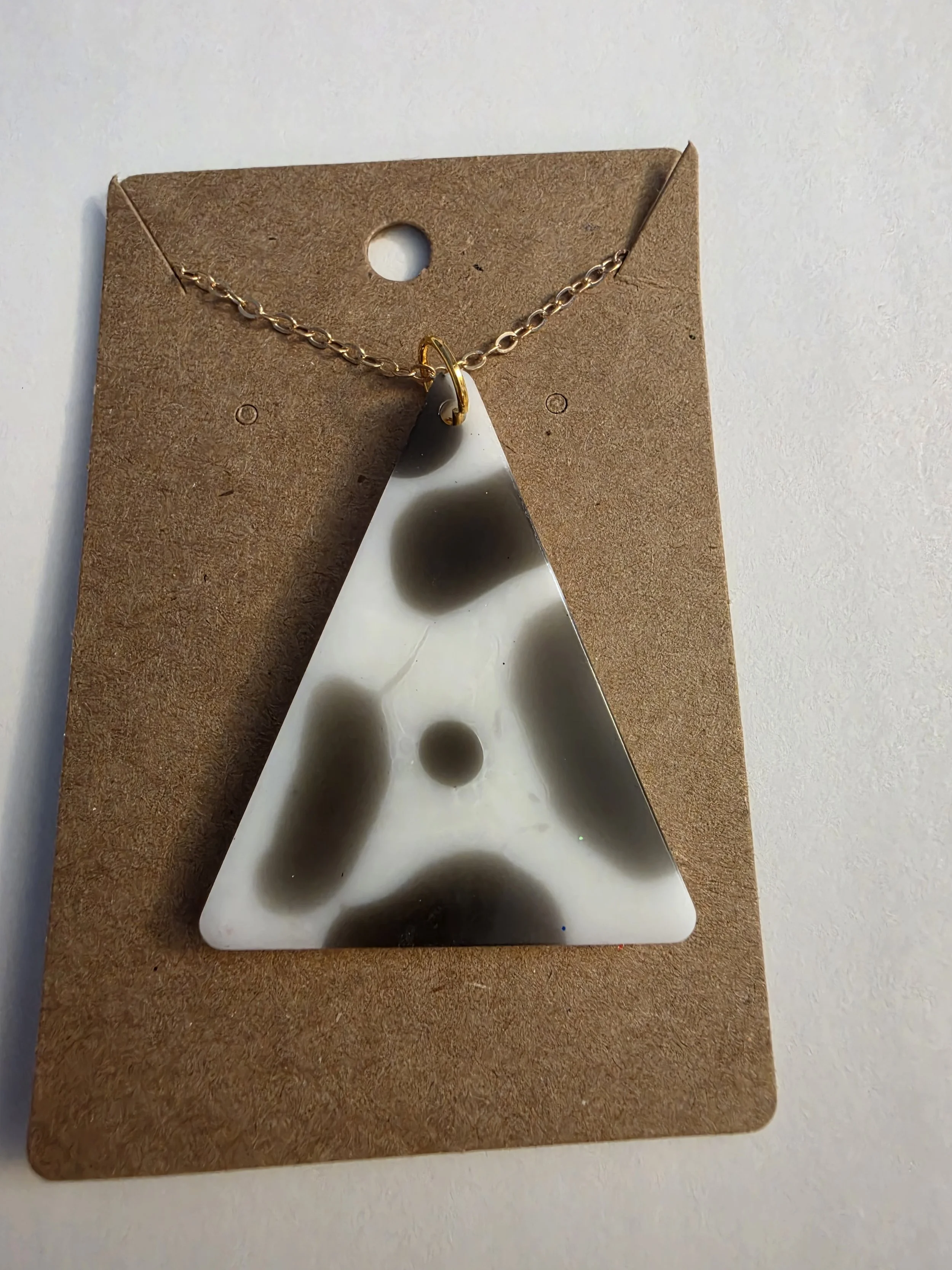 Brown & White Cow Print Triangle Gold Chain Necklace