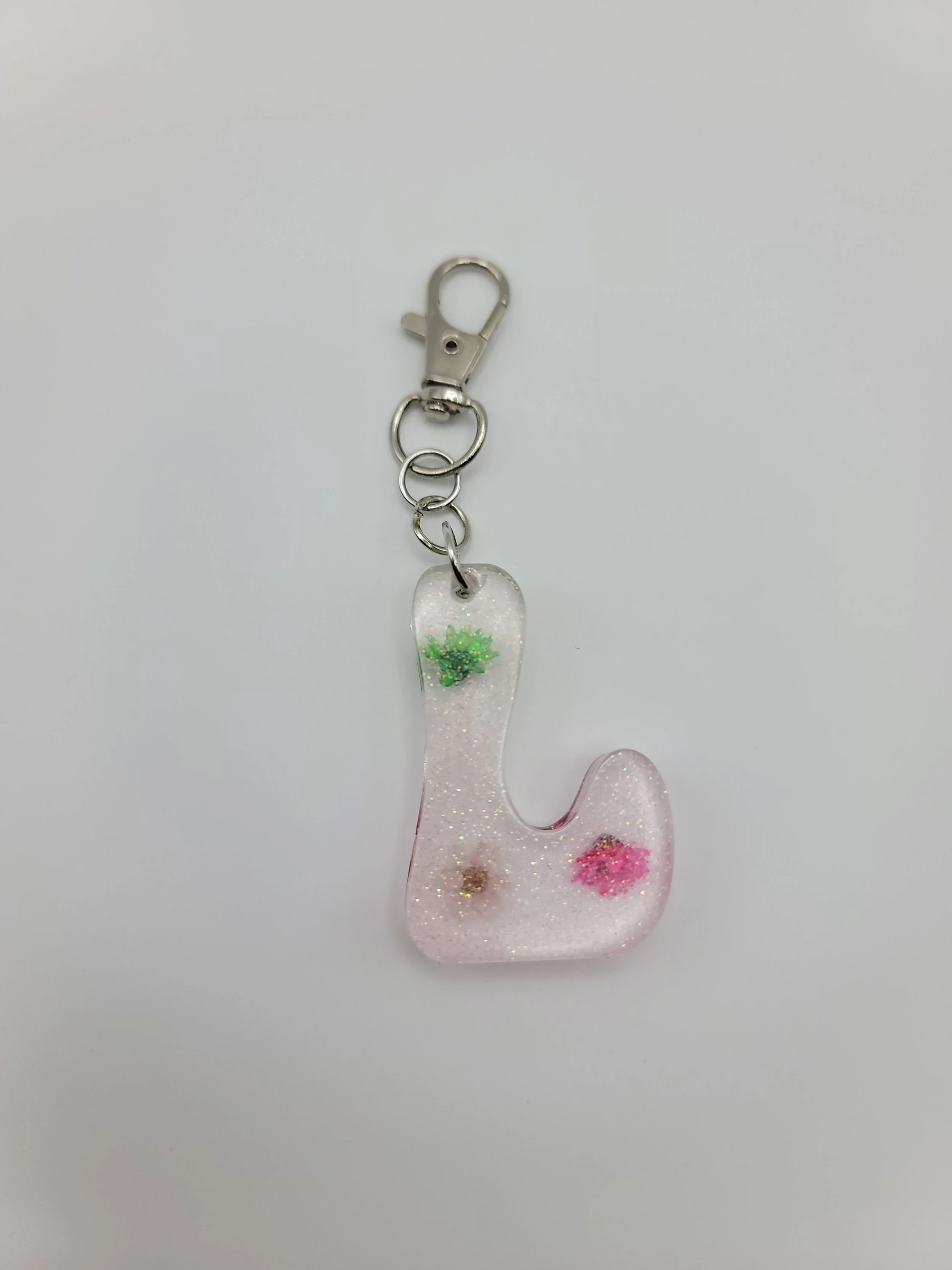 "L" Translucent Pink Glitter & Flower Keychain