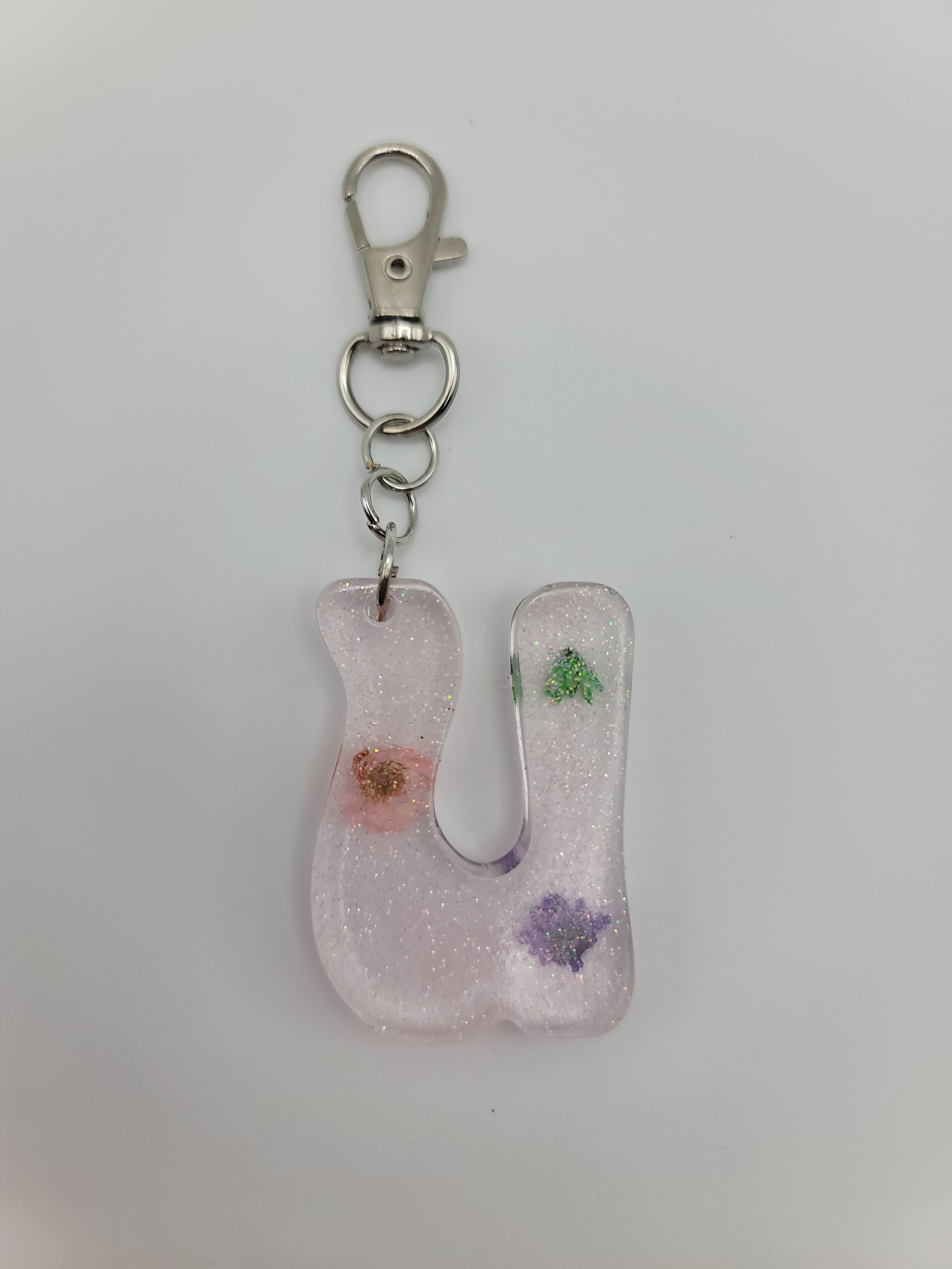 "U" Translucent Pink Glitter & Flower Keychain