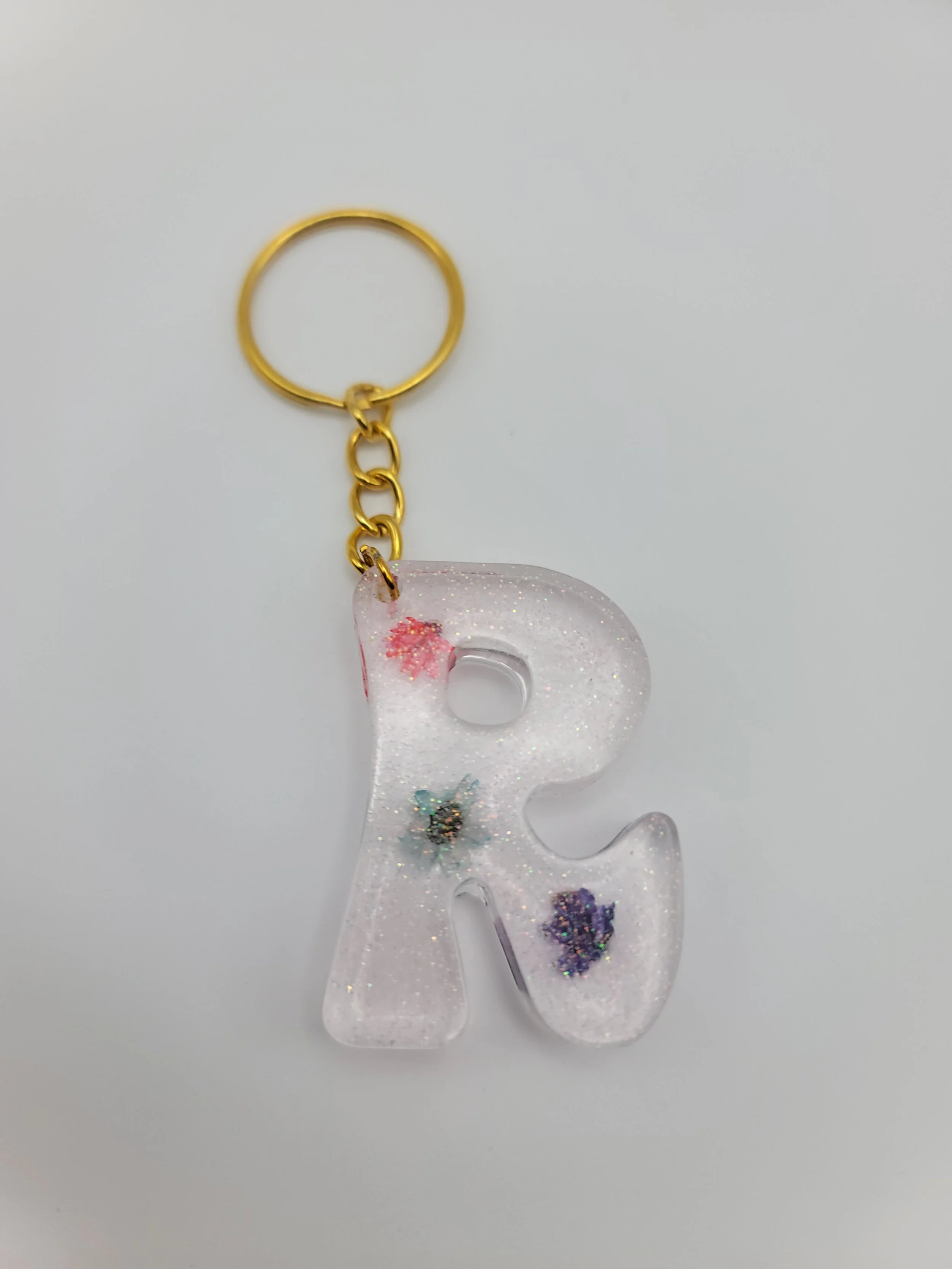 "R" Translucent Pink Glitter & Flower Keychain